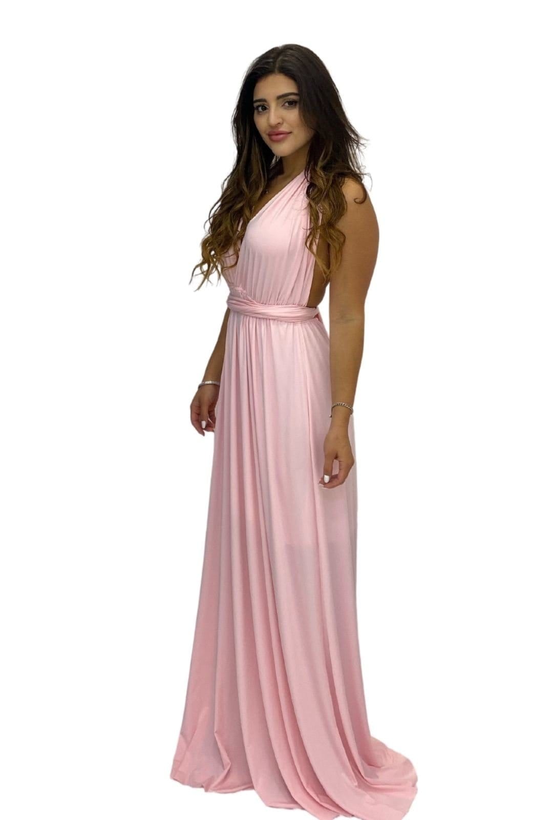 Vista principal Vestido para Madrinhas e Convidadas Casamento Multiformas Longo Festa Amarração Rosa Cia do Vestido branco rosa