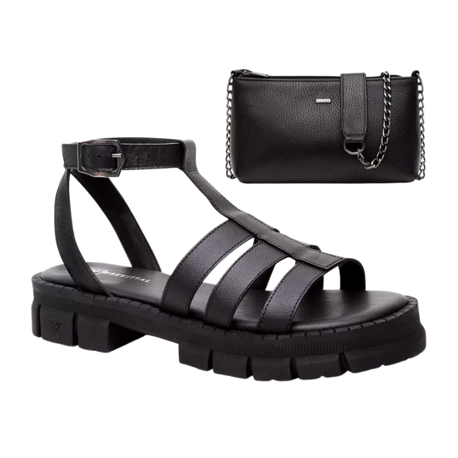 Kit Sandália e Bolsa Feminina Vittal Couro Legítimo Preta