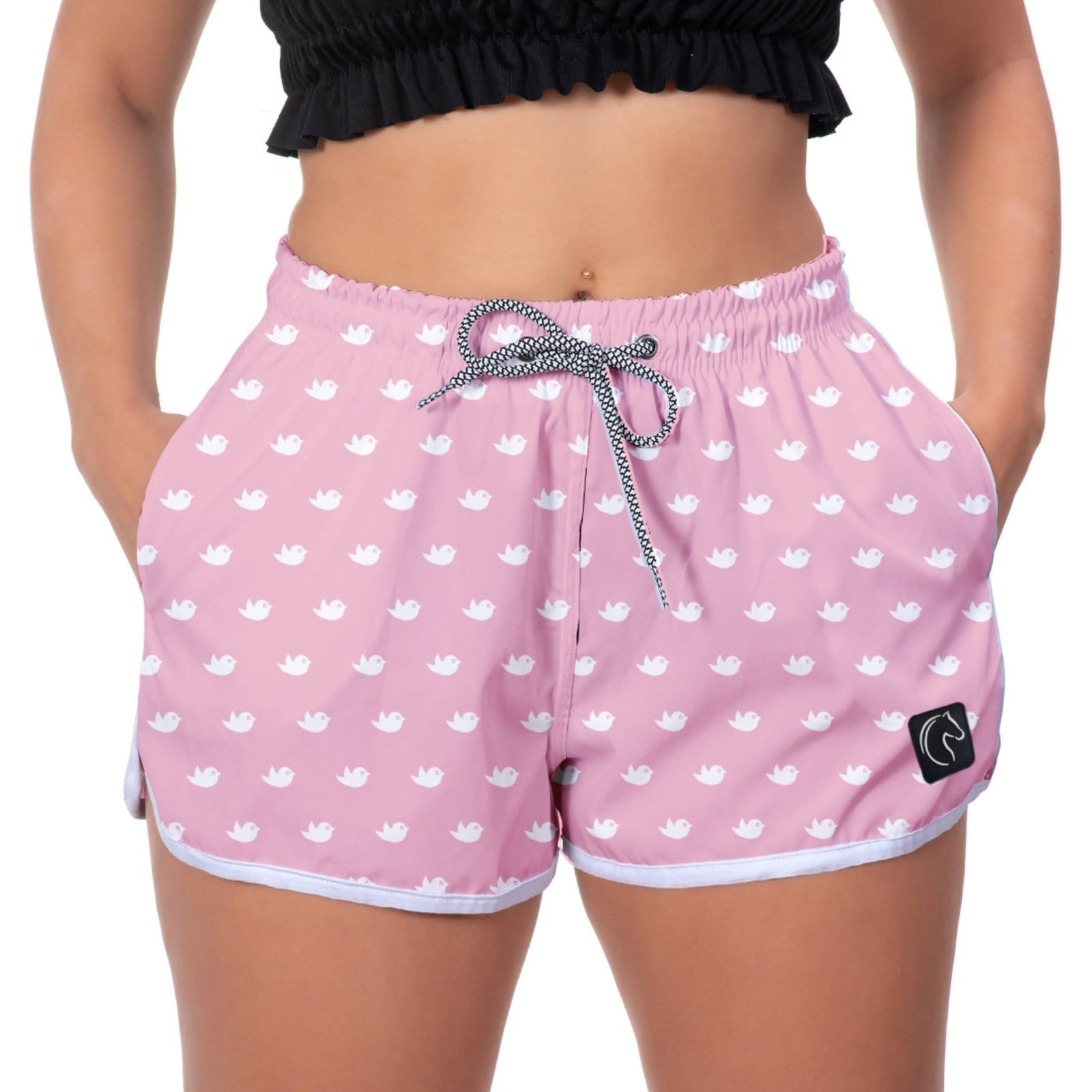 Vista principal Short Feminino W2 Premium com Elástico e Cordão Ajustável Bolsos Laterais e Secagem Rápida Casual Praia ou Academia Passarinhos Rosa W2 STORE branco/rosa rosa