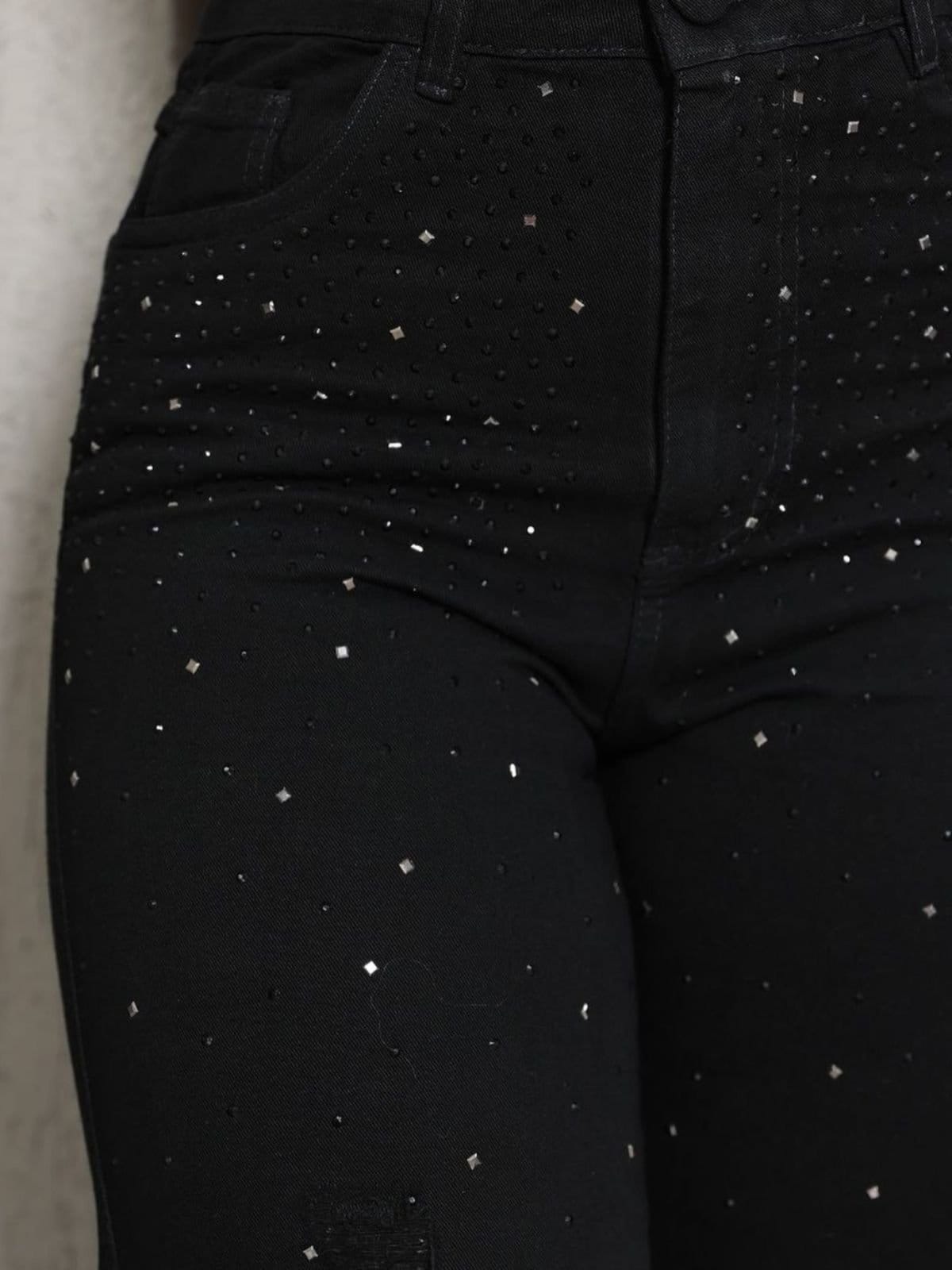 Vista 2 Calça Donna De Paula Wide Leg Preta Com Brilhos E Strass Cintura Alta Donna de Paula preto