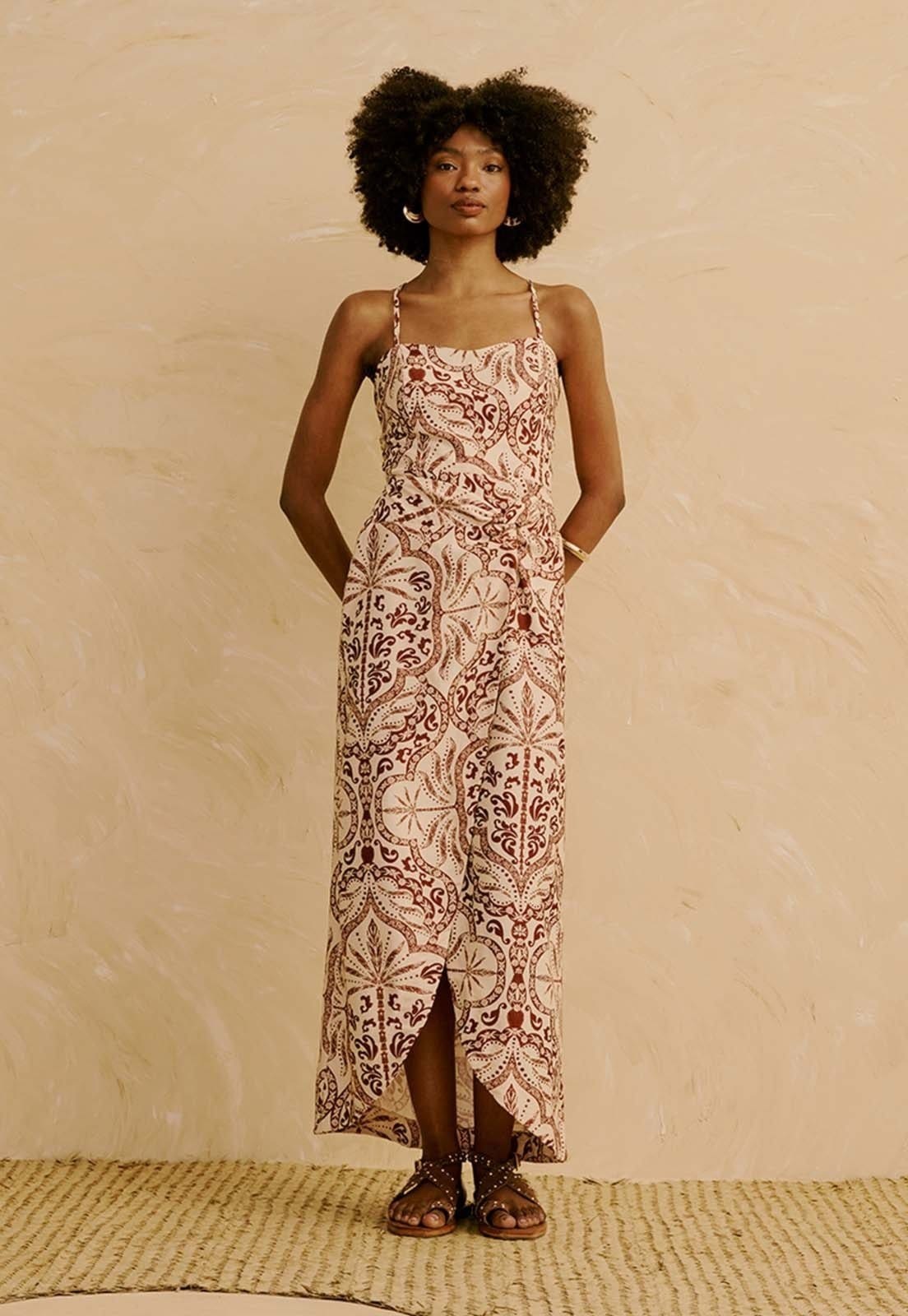 Vestido Midi com Saia Transpassada Estampado Palmas Del Sol