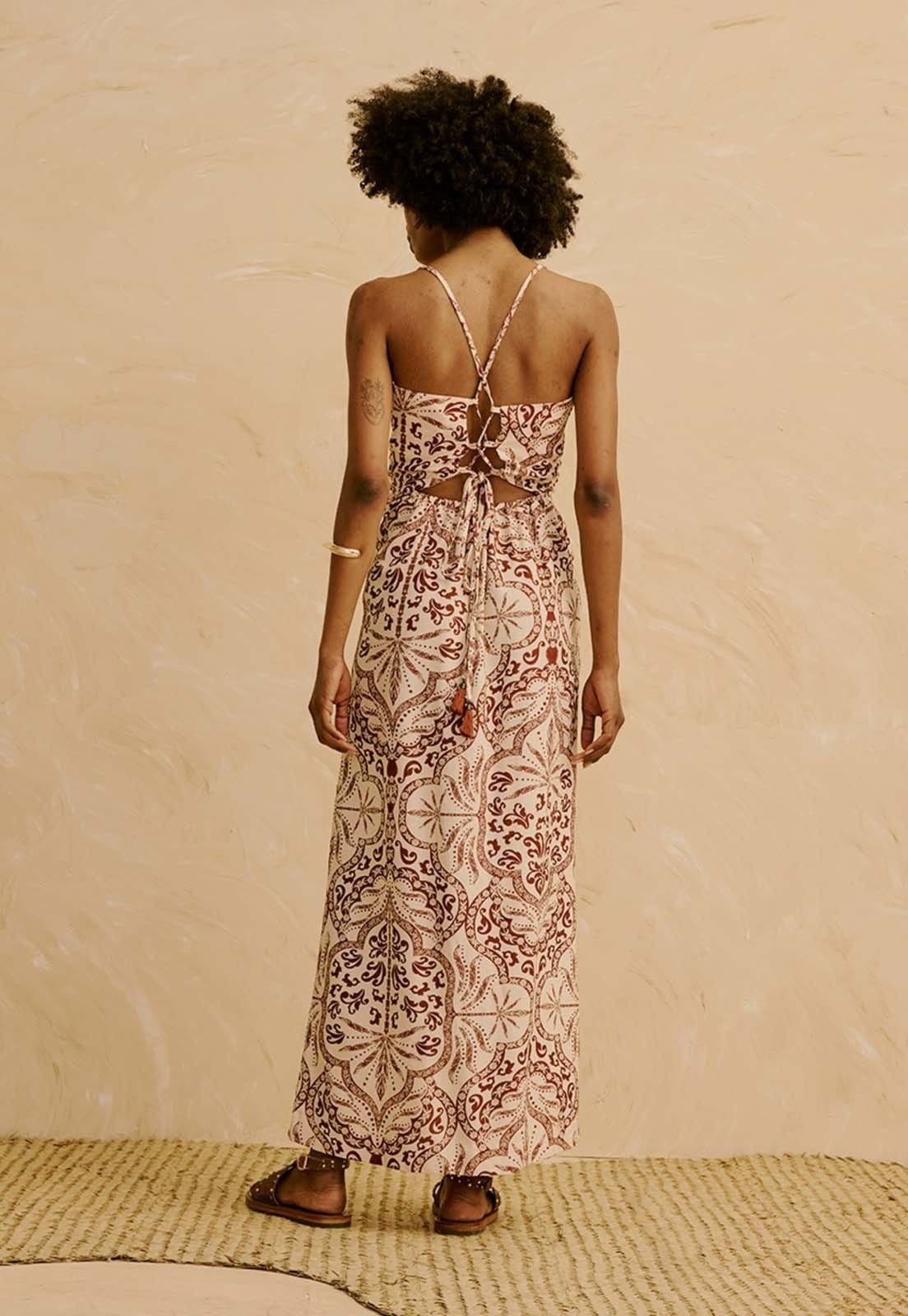 Vista 2 Vestido Midi com Saia Transpassada Estampado Palmas Del Sol CaCay marrom