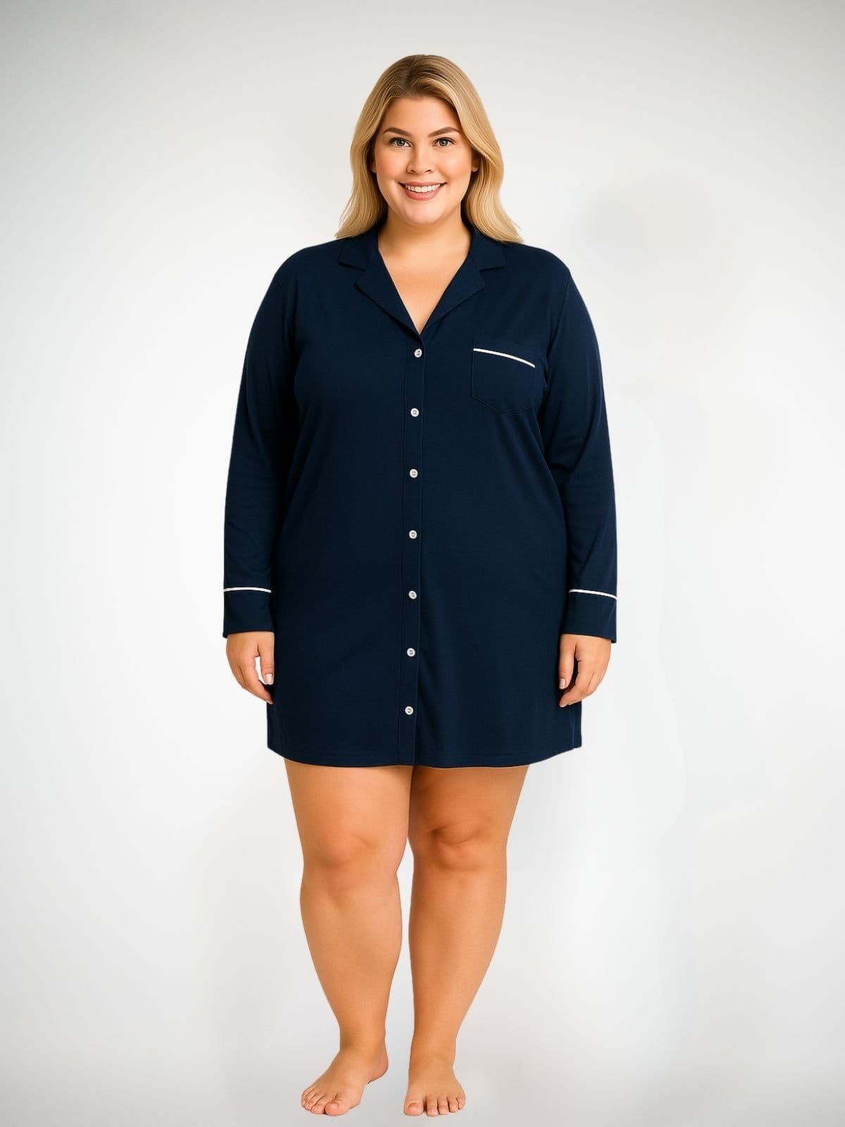 Camisola Algodão Plus Sise Manga Longa Bárbara - Marinho