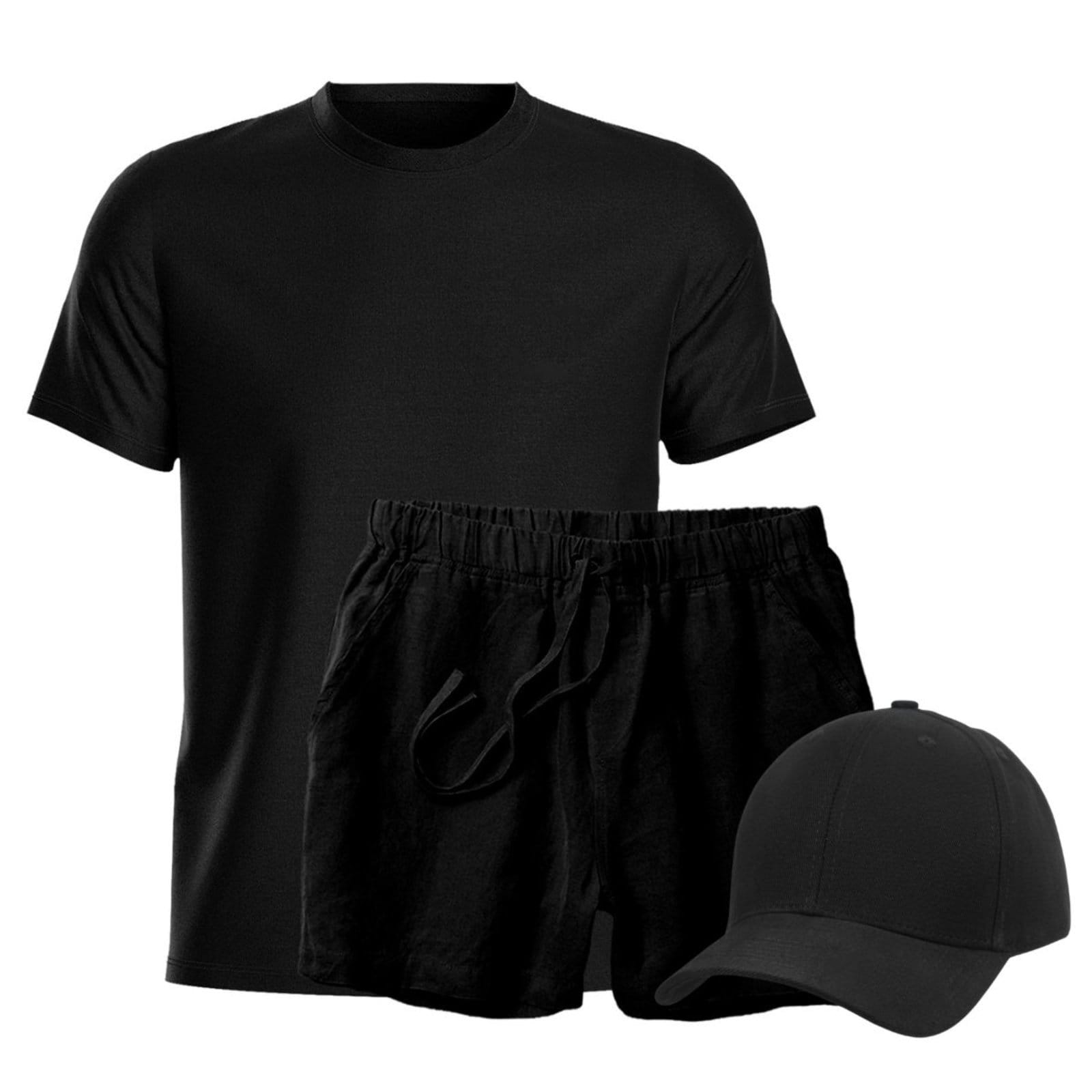 Conjunto Camiseta + Short Linho Masculina + Bone Aba Curva