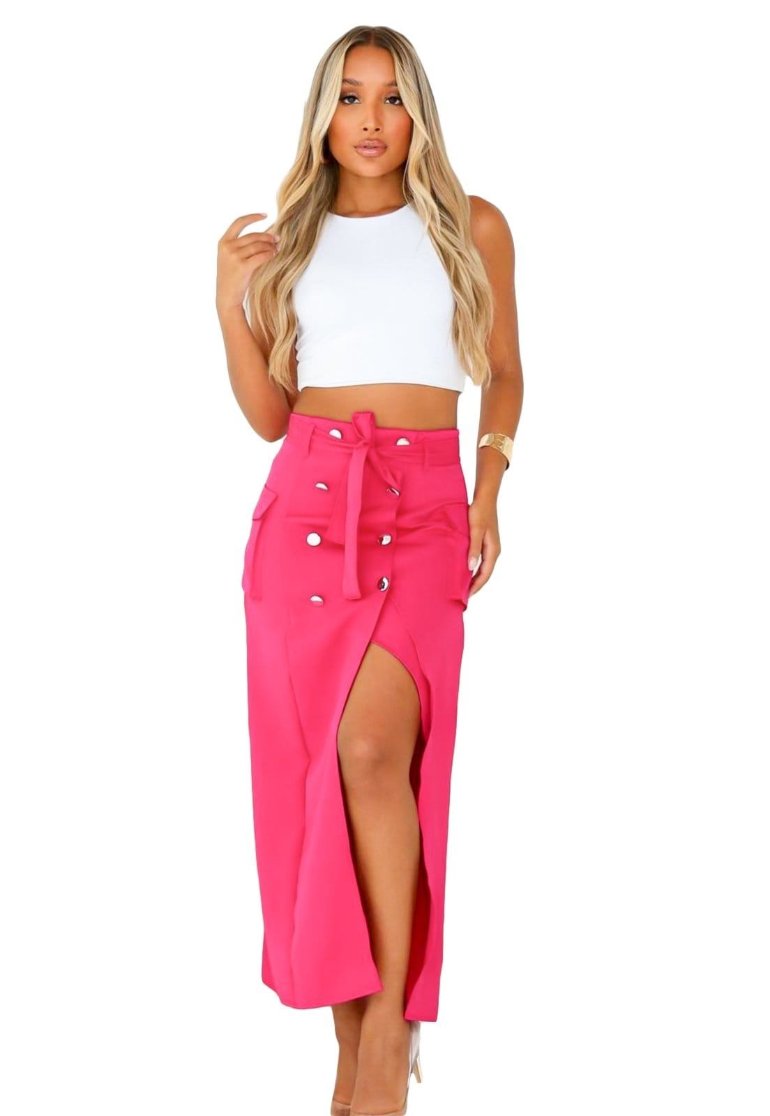 Vista 2 Saia Midi YWC ind Alfaiataria Cargo Cós Alto Detalhe Bolso Com Botões frontais YWC ind pink