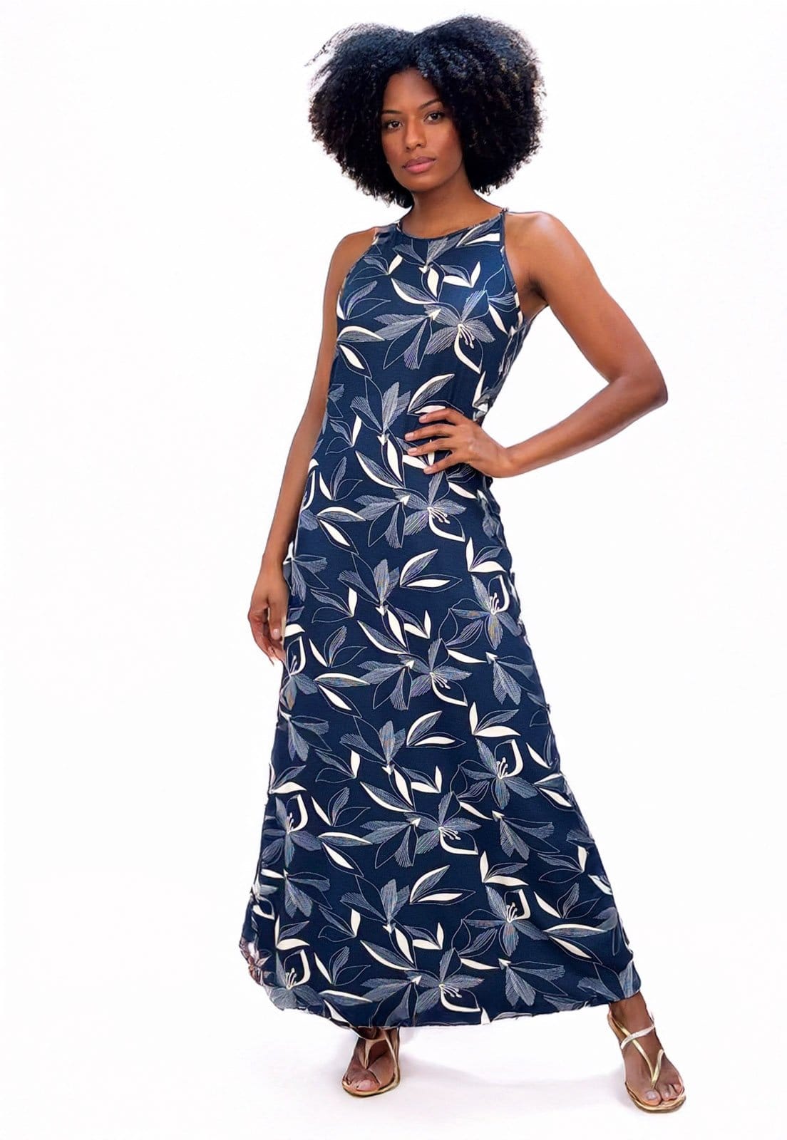 Vestido Longo Cabanafree Malha Trapézio Estampa Hibisco Blue