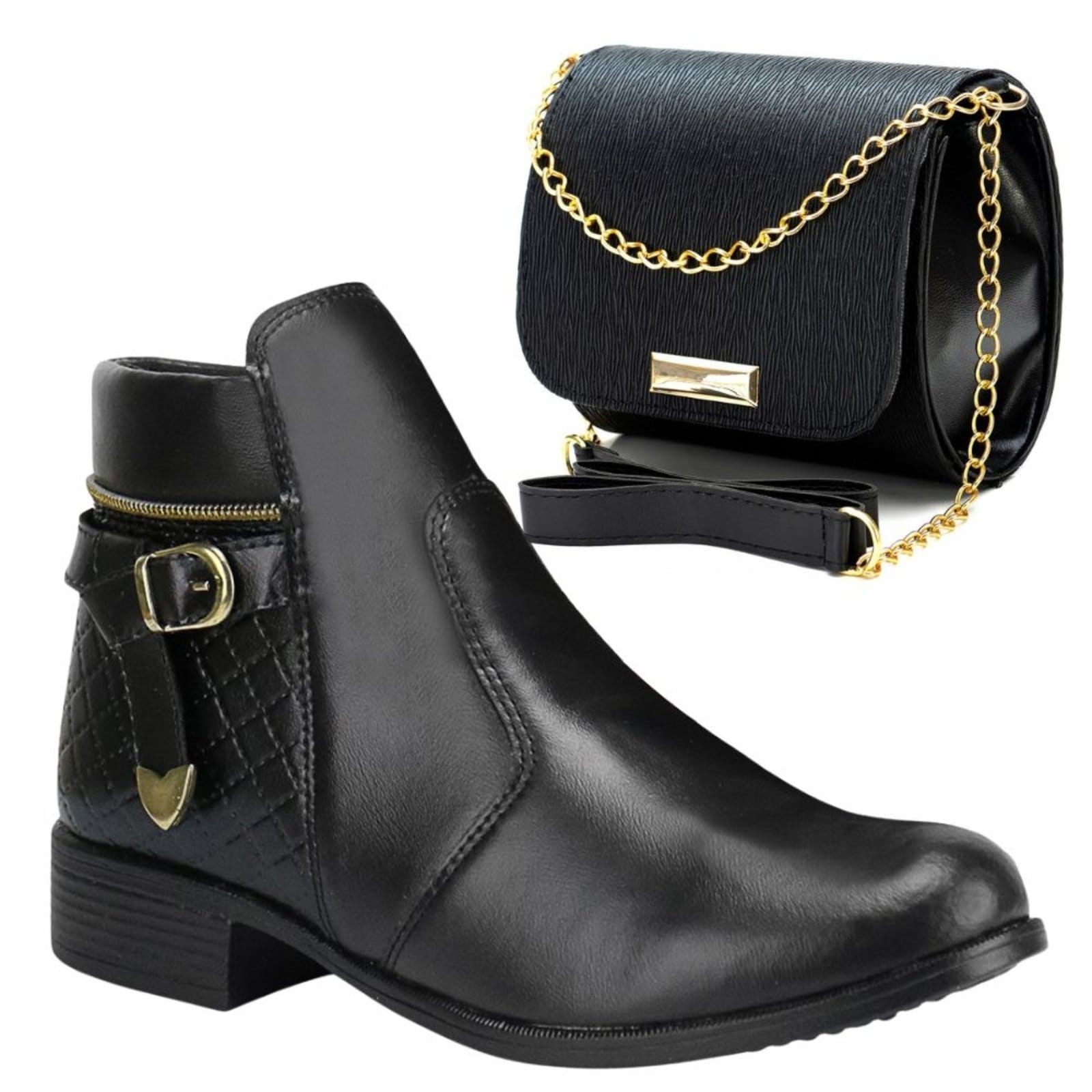 Kit Bota Feminina Cano Curto Fechamento Zíper + Bolsa Transversal Alça Corrente