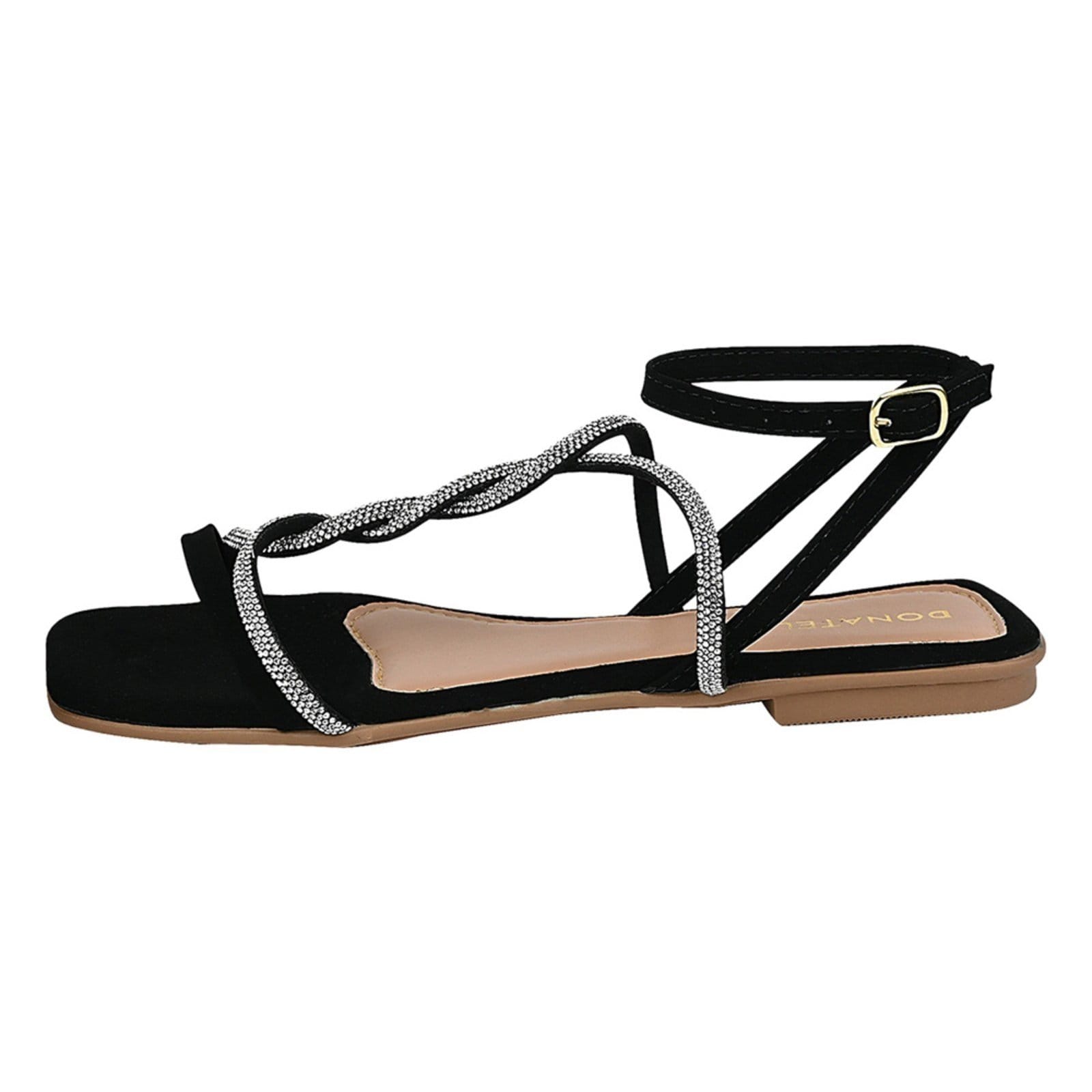Vista 2 Sandália Rasteira Feminina Donatella Bico Quadrado Brilho Strass Trança Novo Camurça Monte Shoes preto