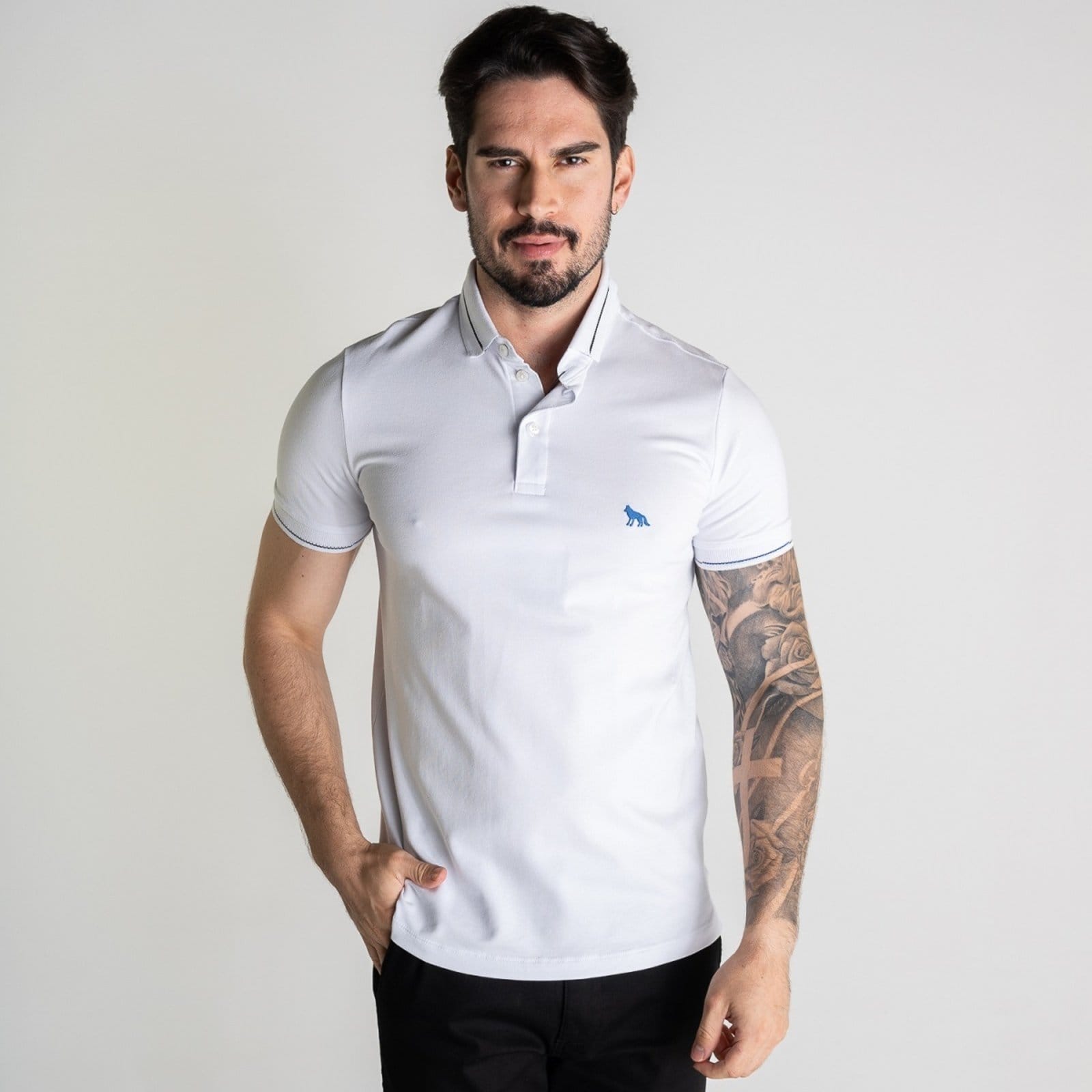 Camisa Polo Elastano Frisos Branca