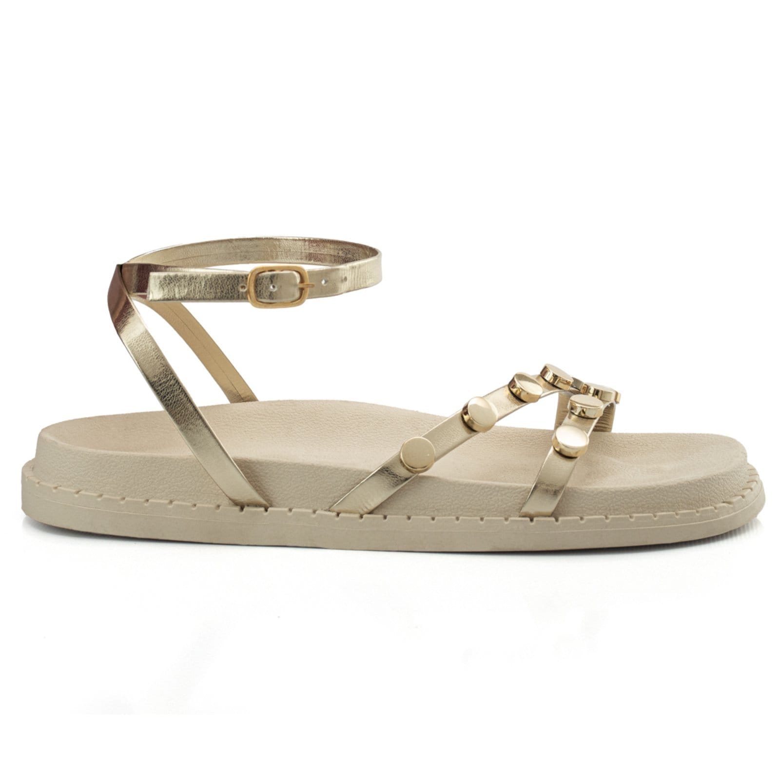 Vista 2 Sandália Feminina Papete Flatform Tiras Enfeite Metal Confortável Macia Resistente ÉPICO CALÇADOS dourado
