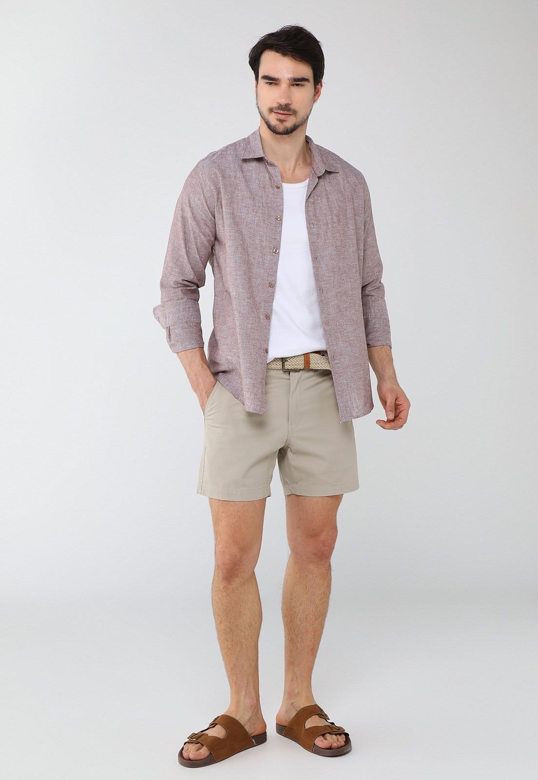 Vista 2 Camisa Masculina Aleatory Linho Algodão Aleatory marrom