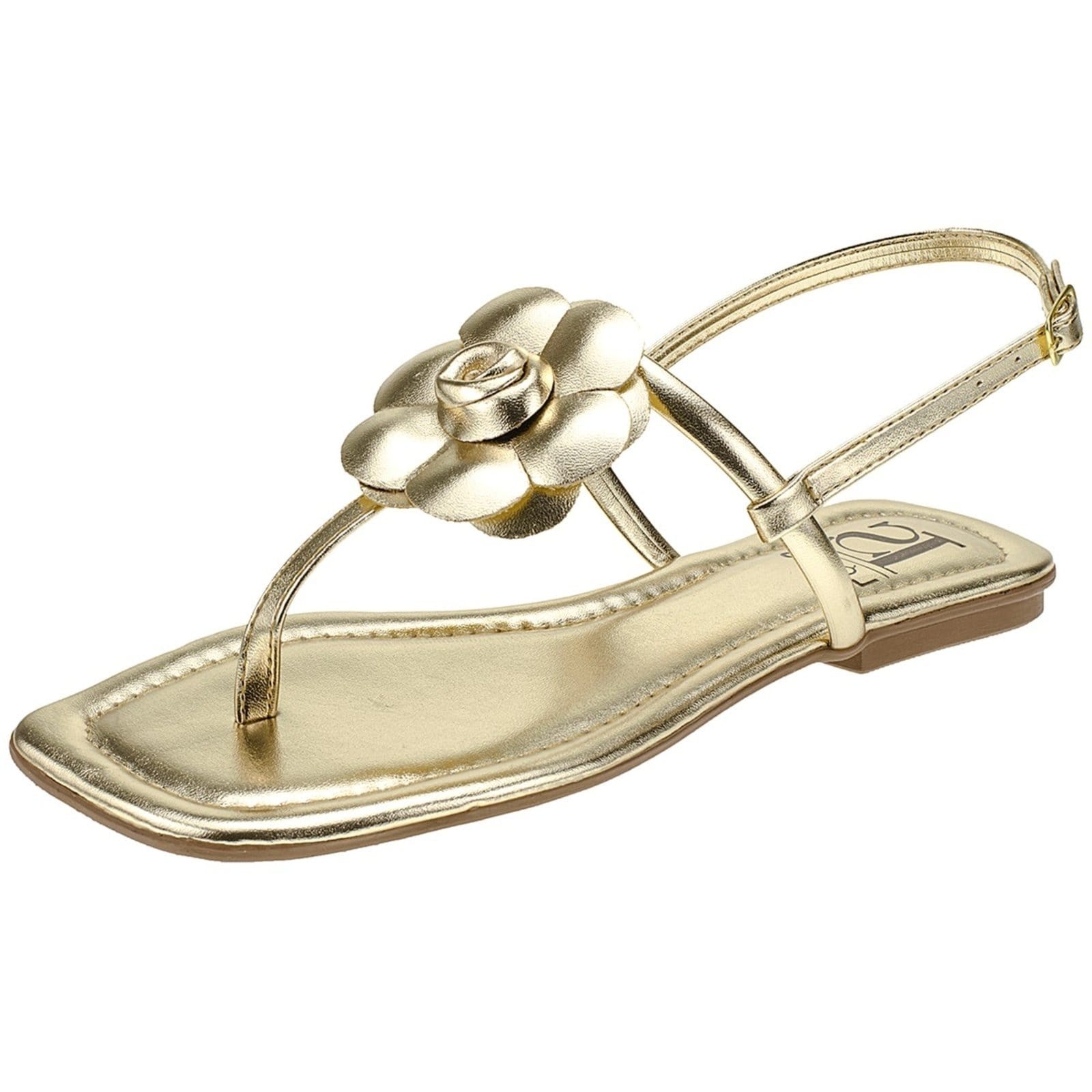 Sandália de Flor Metalizada Mega Confortável com Traseiro Ajustável Saltinho Baixo Rasteira 033-100 Ouro