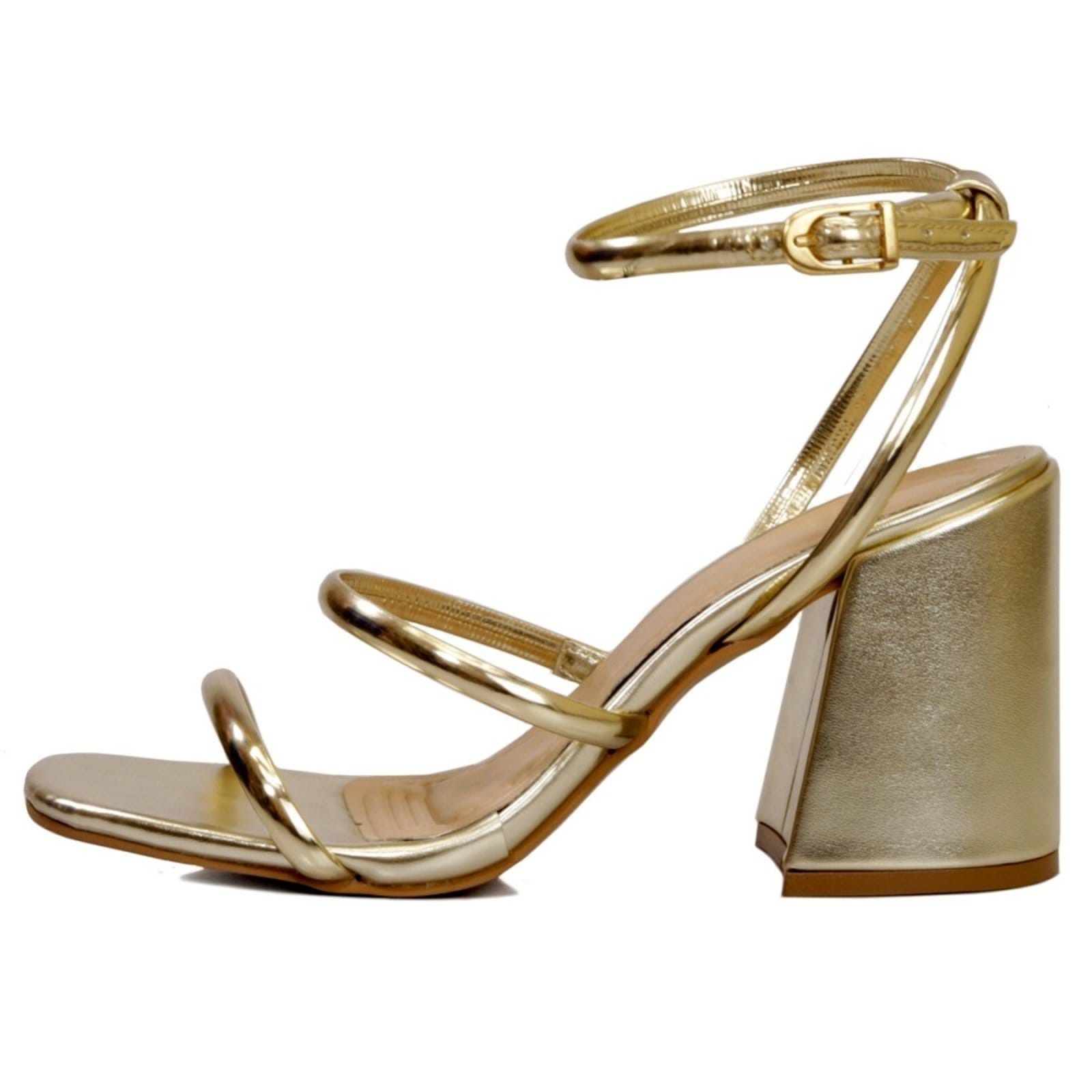 Vista 2 Sandália Feminina Salto Médio com Tiras Napa Ouro Light Flor da Pele dourado