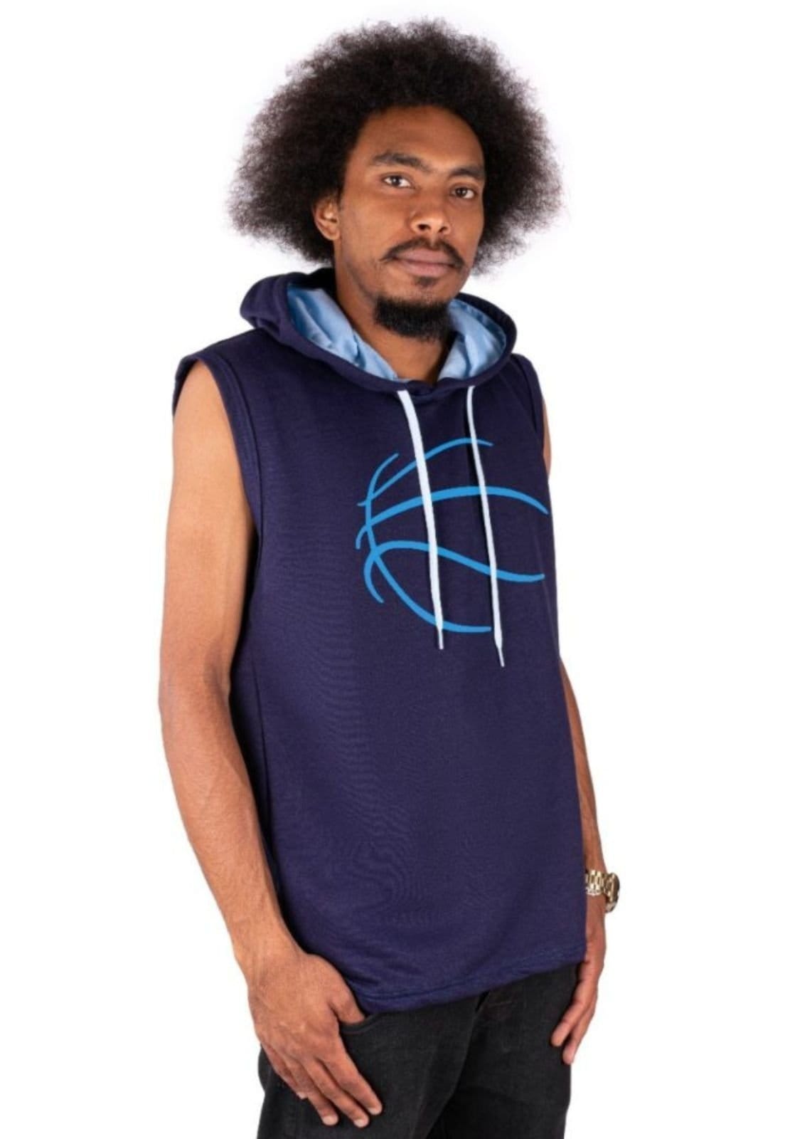 Vista 2 Blusa Regata Moletom Relaxado Cavada Com Touca Fechado Escuro Relaxado azul/azul marinho azul