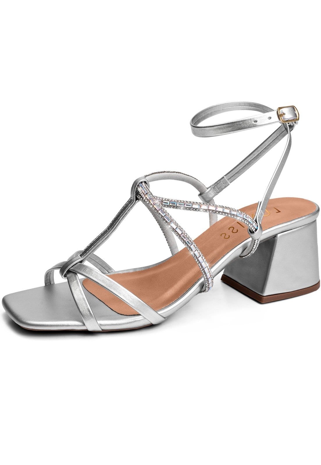 Sandália Feminina Lumiss Confortável Salto Baixo Bloco Bico Quadrado Brilho Strass