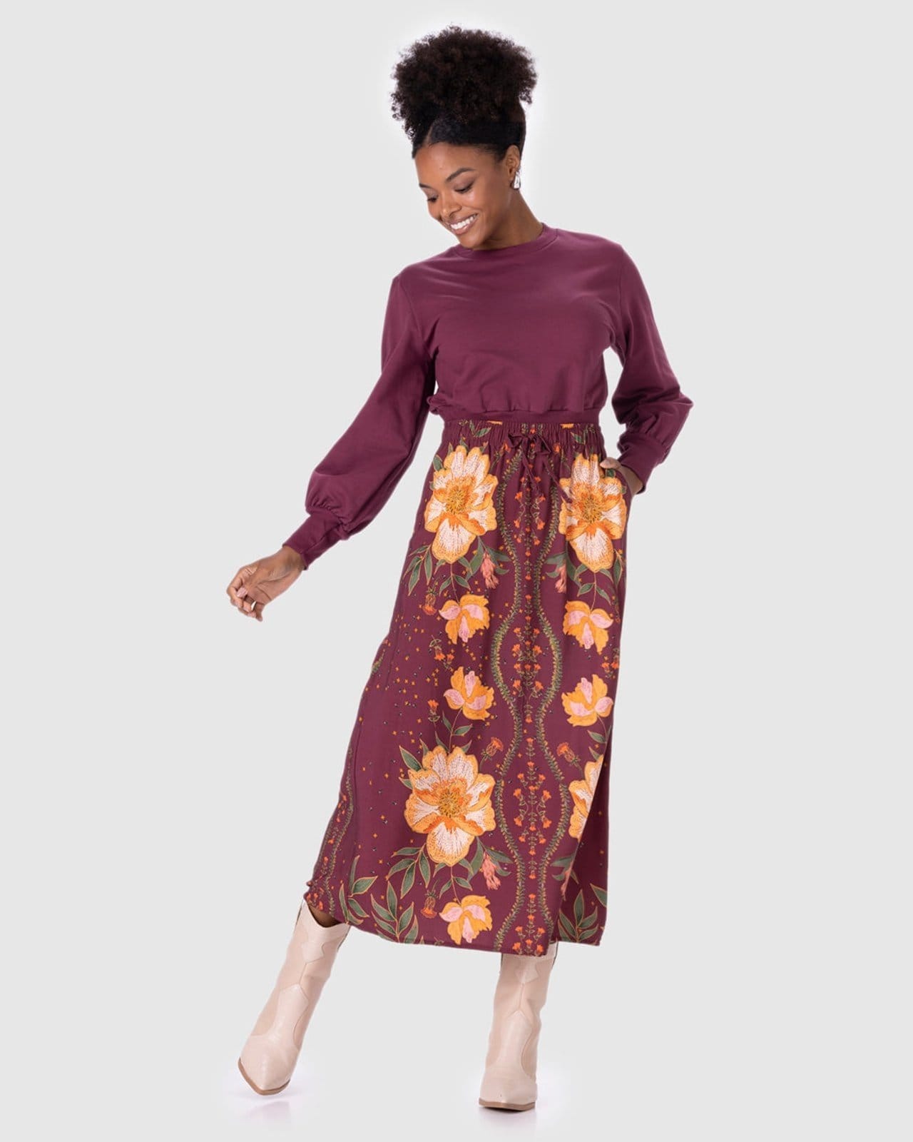 Saia Midi Feminina Estampada Bolso Lateral Em Viscose