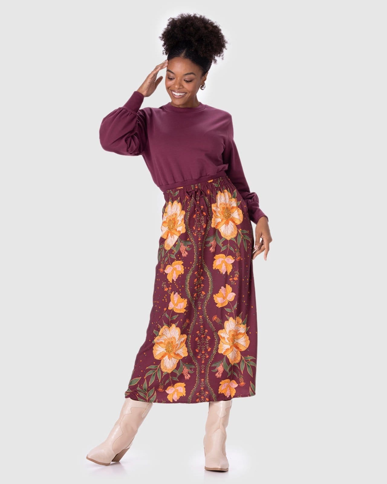 Vista 2 Saia Midi Feminina Estampada Bolso Lateral Em Viscose Malwee vermelho