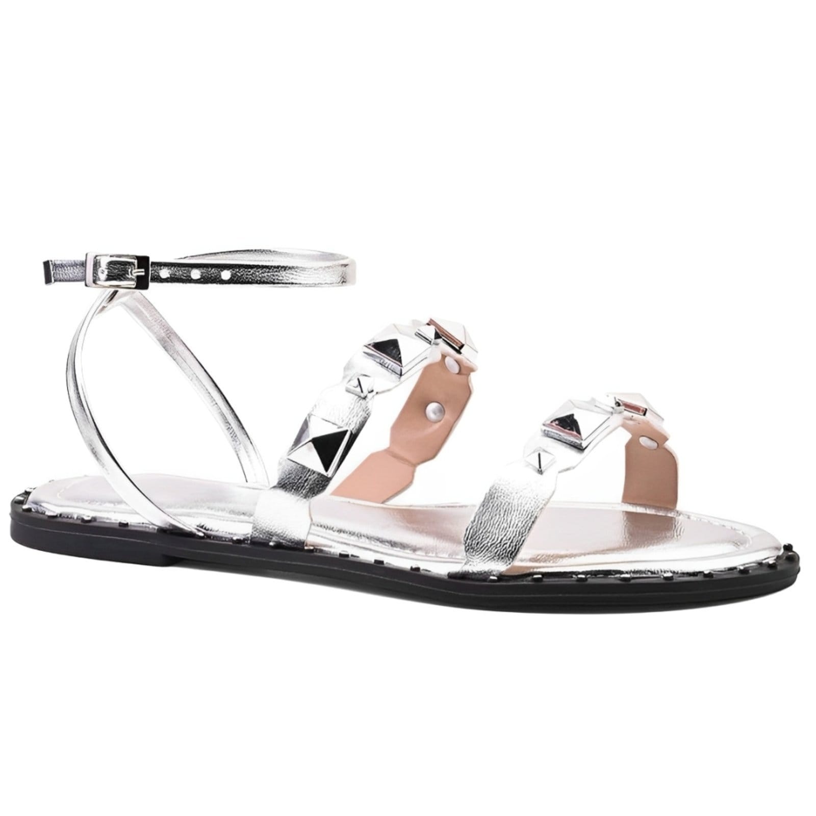 Vista 2 Sandália Feminina Rasteira Prata Tachinhas Spike Santa Rosa prata rosa