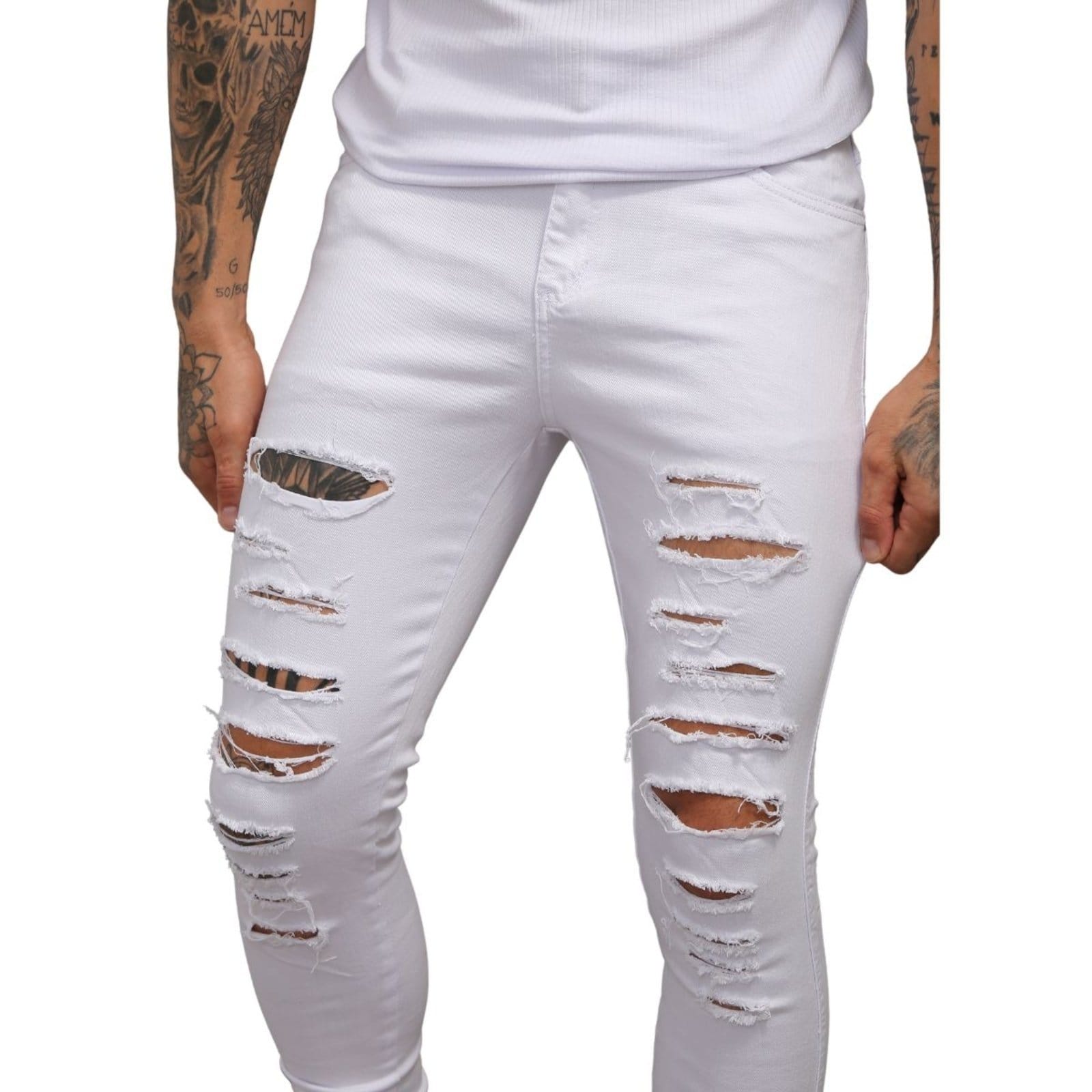 Calça Branca Rasgada Com Zíper Sarja Masculina Alleppo Jeans Macau