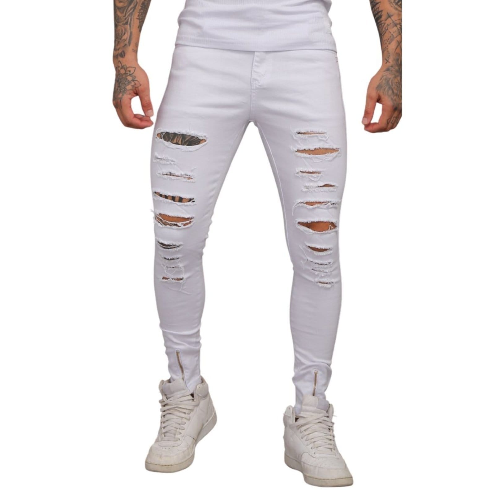 Vista 2 Calça Branca Rasgada Com Zíper Sarja Masculina Alleppo Jeans Macau Alleppo Jeans branco