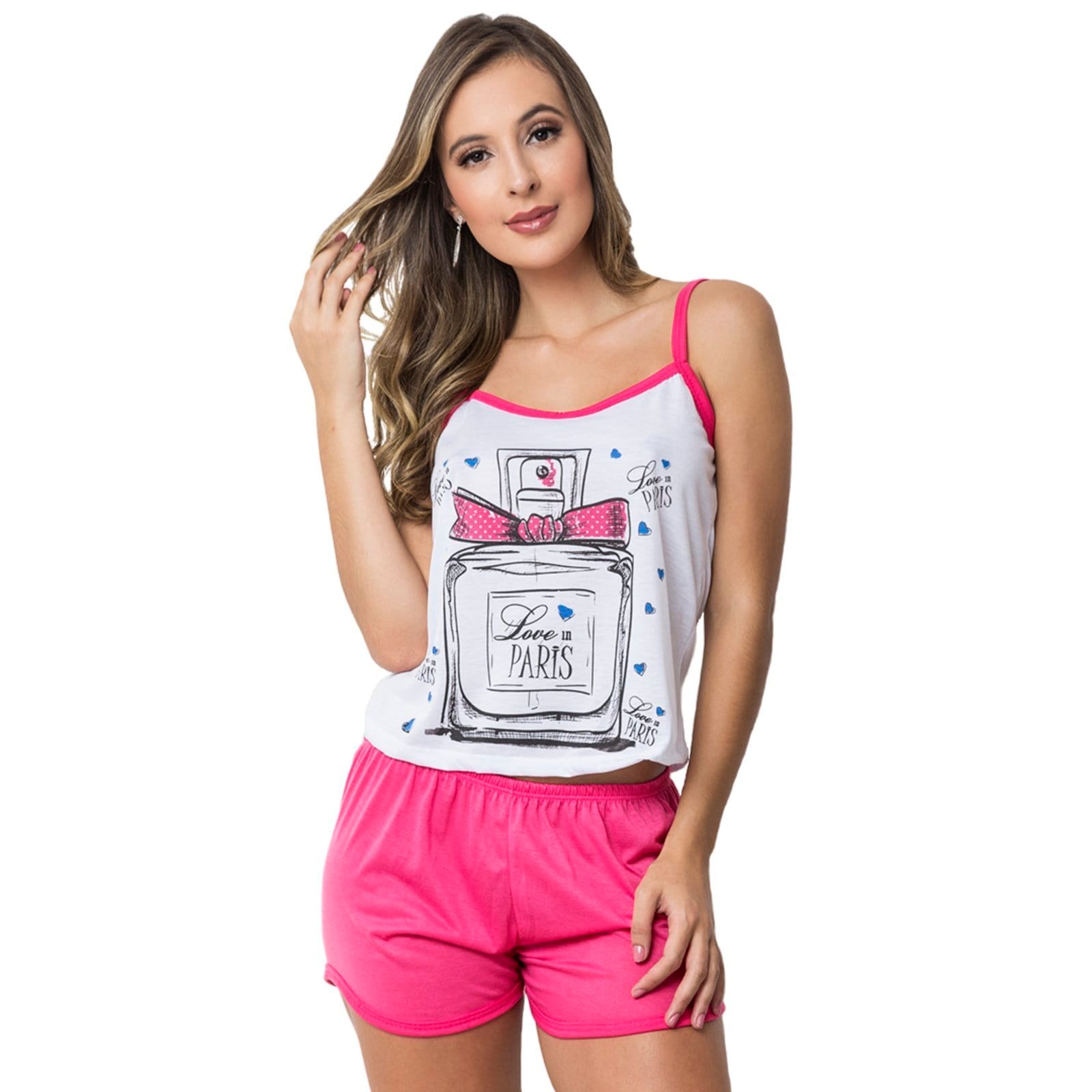 Baby Doll Gabi Lingerie Estampado Malha Alcinha Verão Pijama Curto Pink