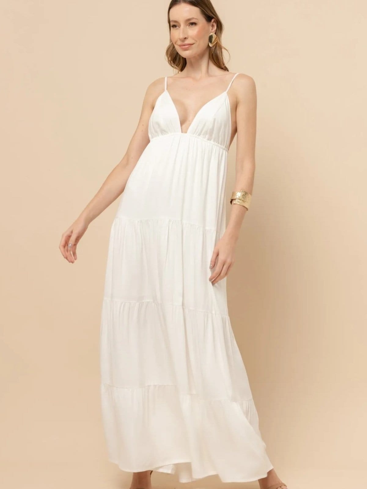Vestido longo Elegante Clara com decote V cor Off-White