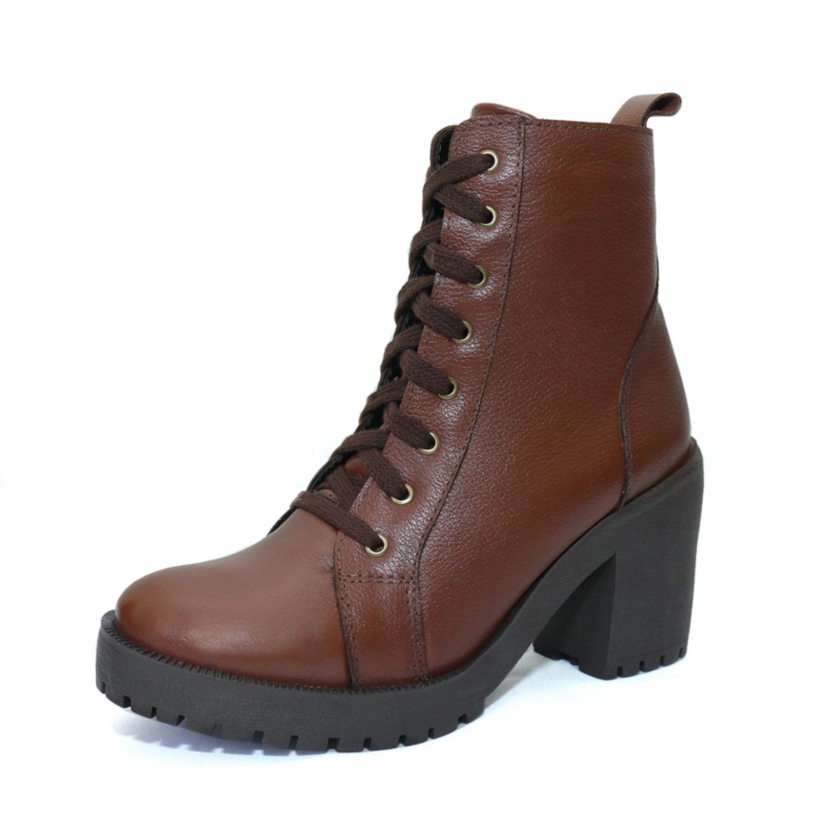 Bota Coturno Feminino Tratorado Couro Conhaque