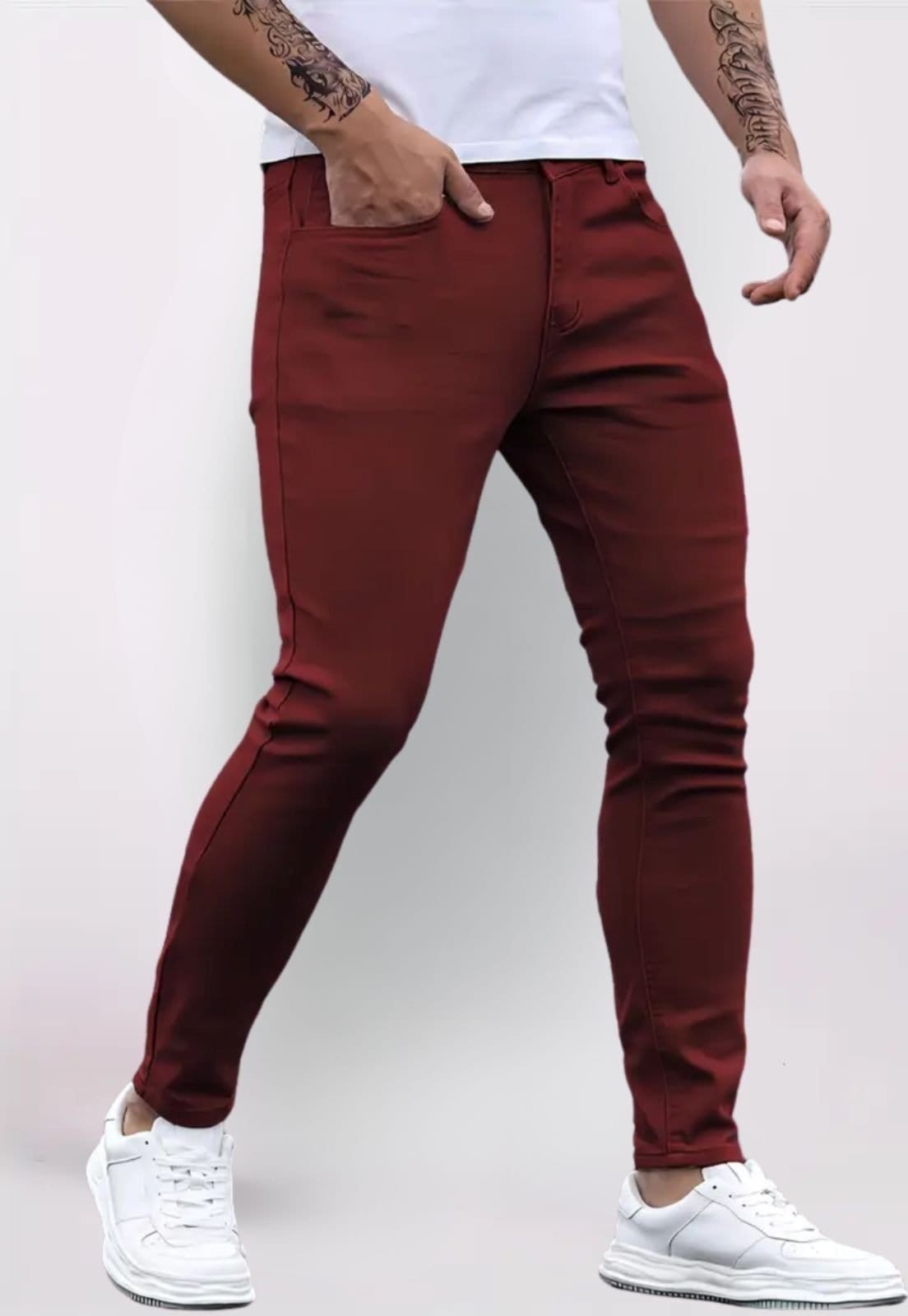 Vista 2 Kit 2 Calça Masculina Tempo Hábil Bege e Vinho Sarja Corte Tradicional 5 Estilo multicolorido