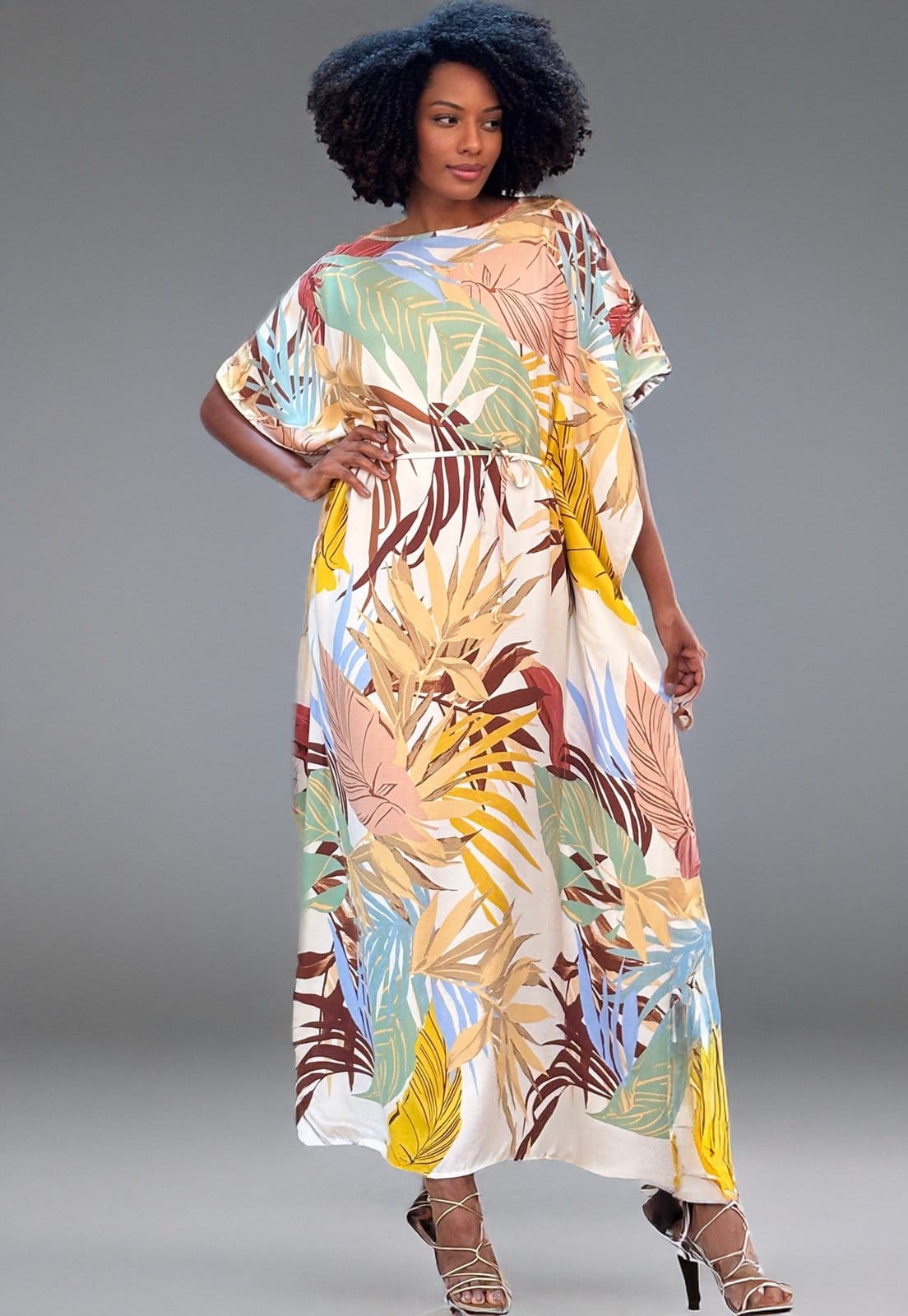 Vista 2 Vestido Amazonia Vital Kaftan Viscose Longo Estampa Aurora Suave Amazonia Vital amarelo/branco/estampado