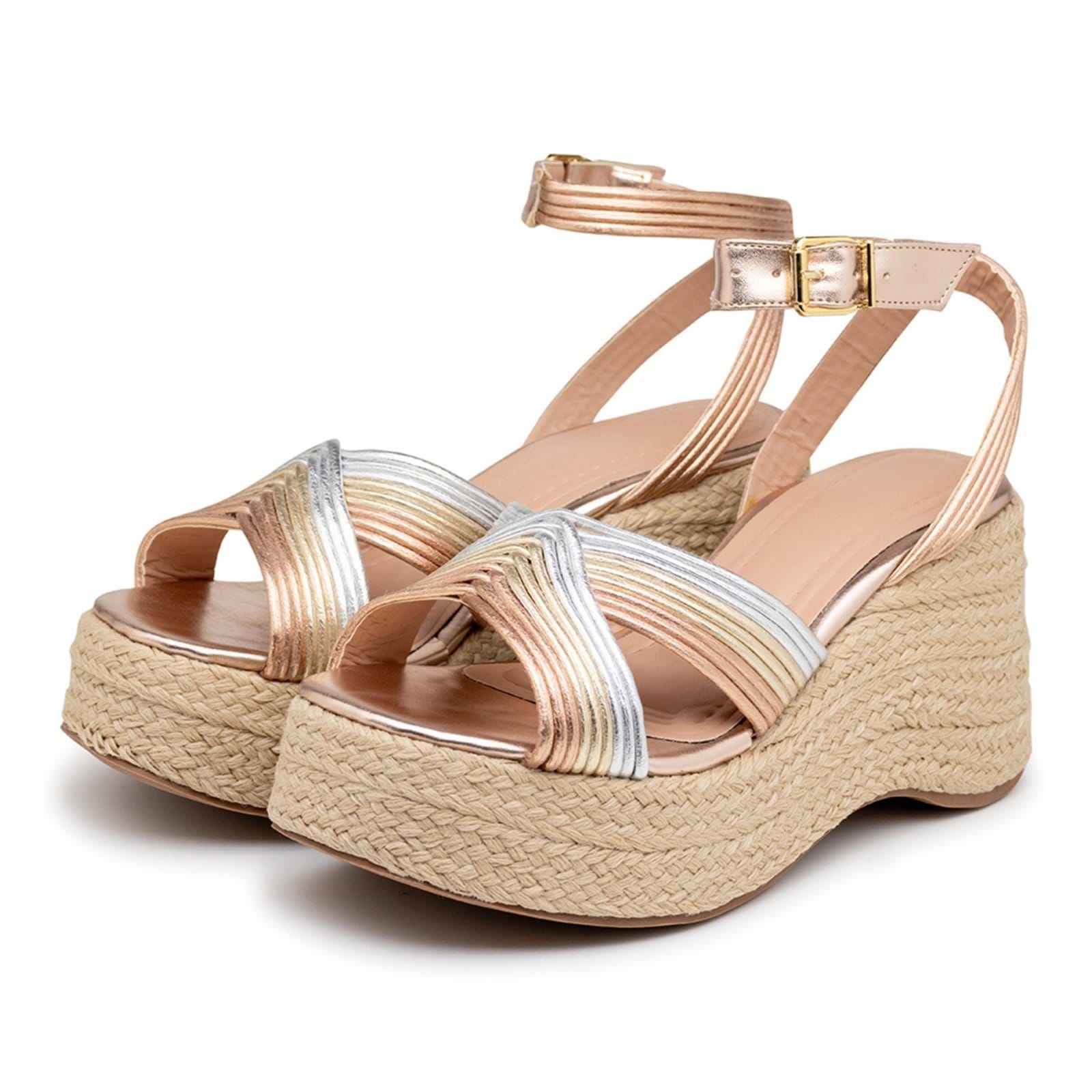 Sandália Anabela Plataforma Salto Médio Sisal 9000 Mix Metalizado