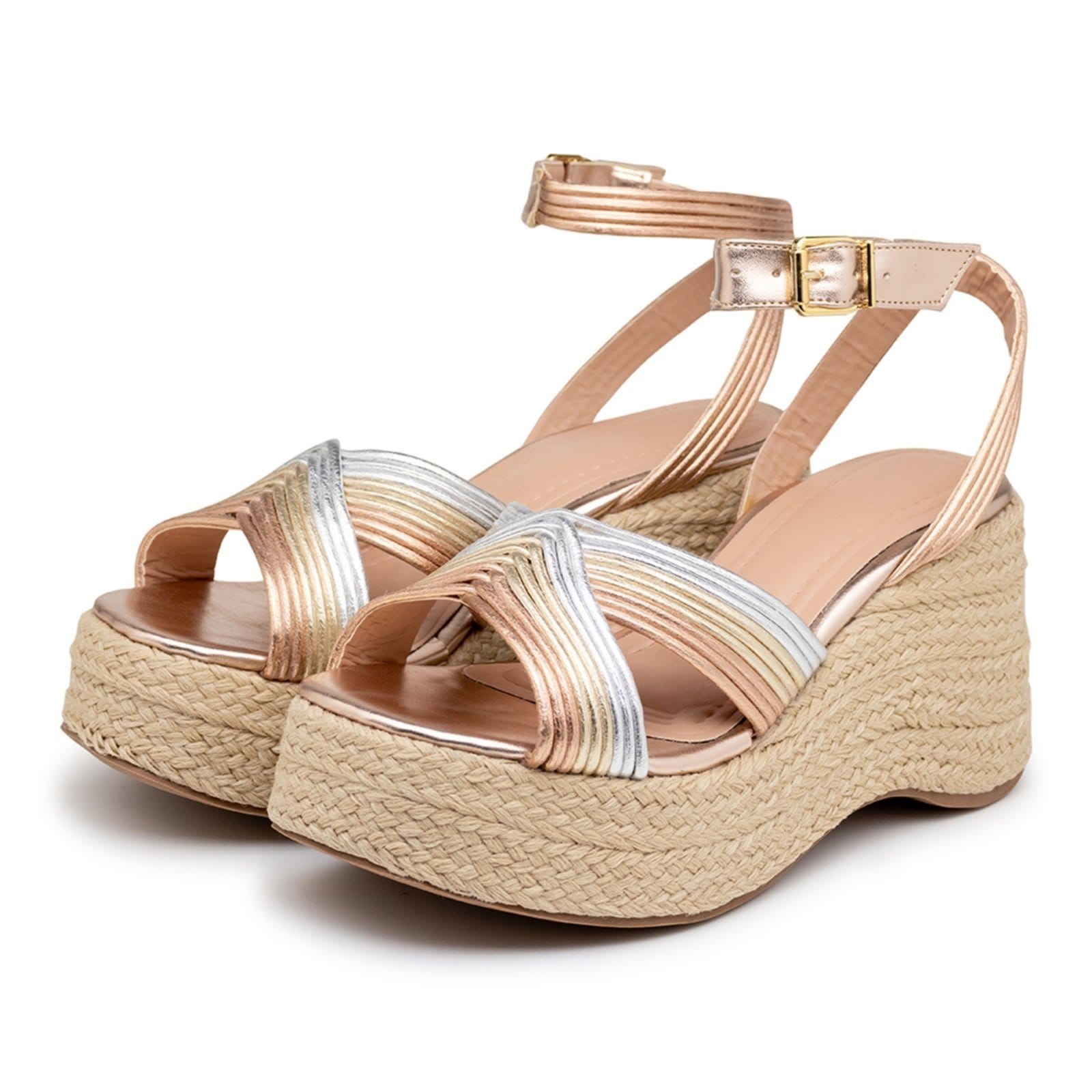 Vista 2 Sandália Anabela Plataforma Salto Médio Sisal 9000 Mix Metalizado Flor da Pele dourado