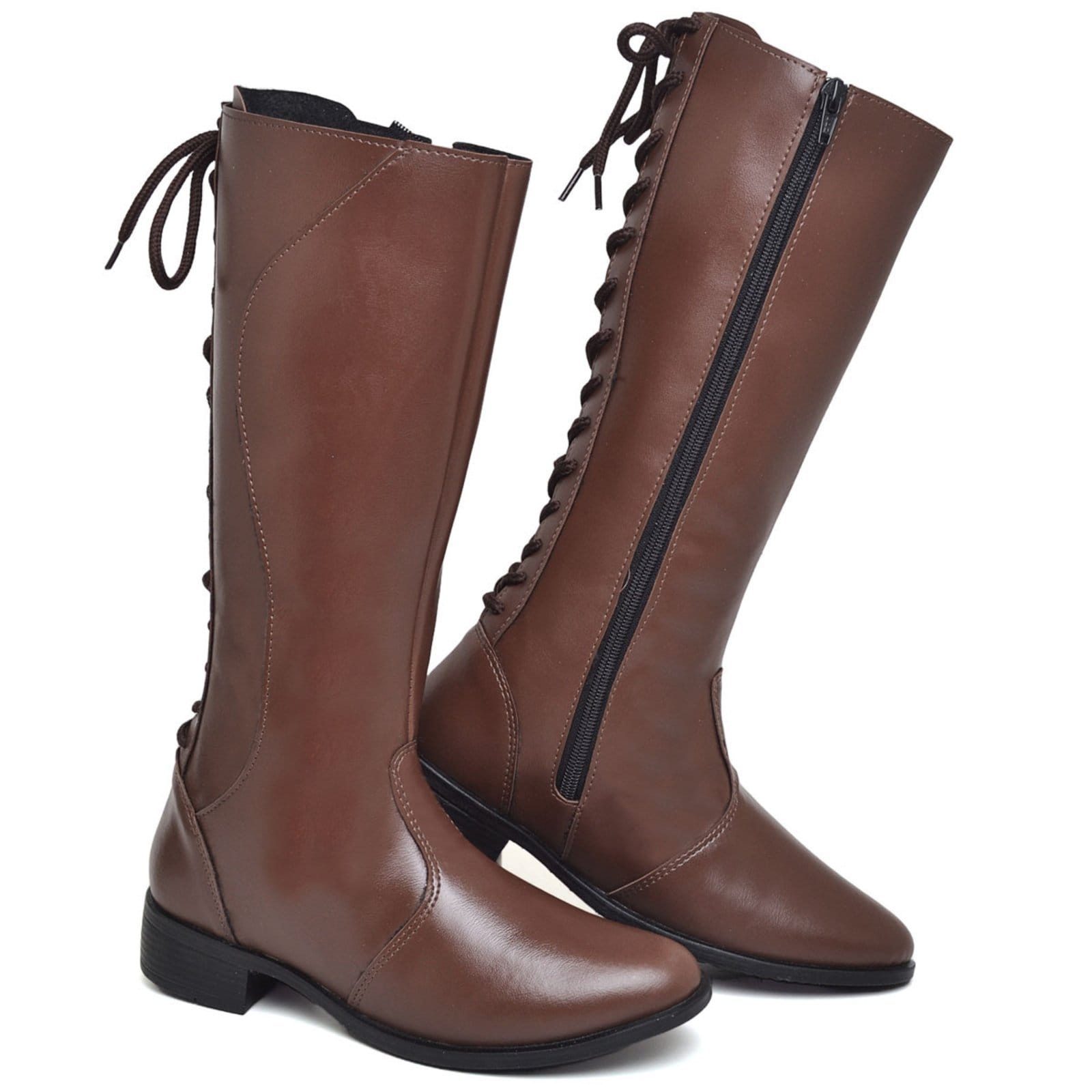 Bota Feminina Cano Longo em Sintético de Amarração e Zíper Polo Blu Marrom do 33 ao