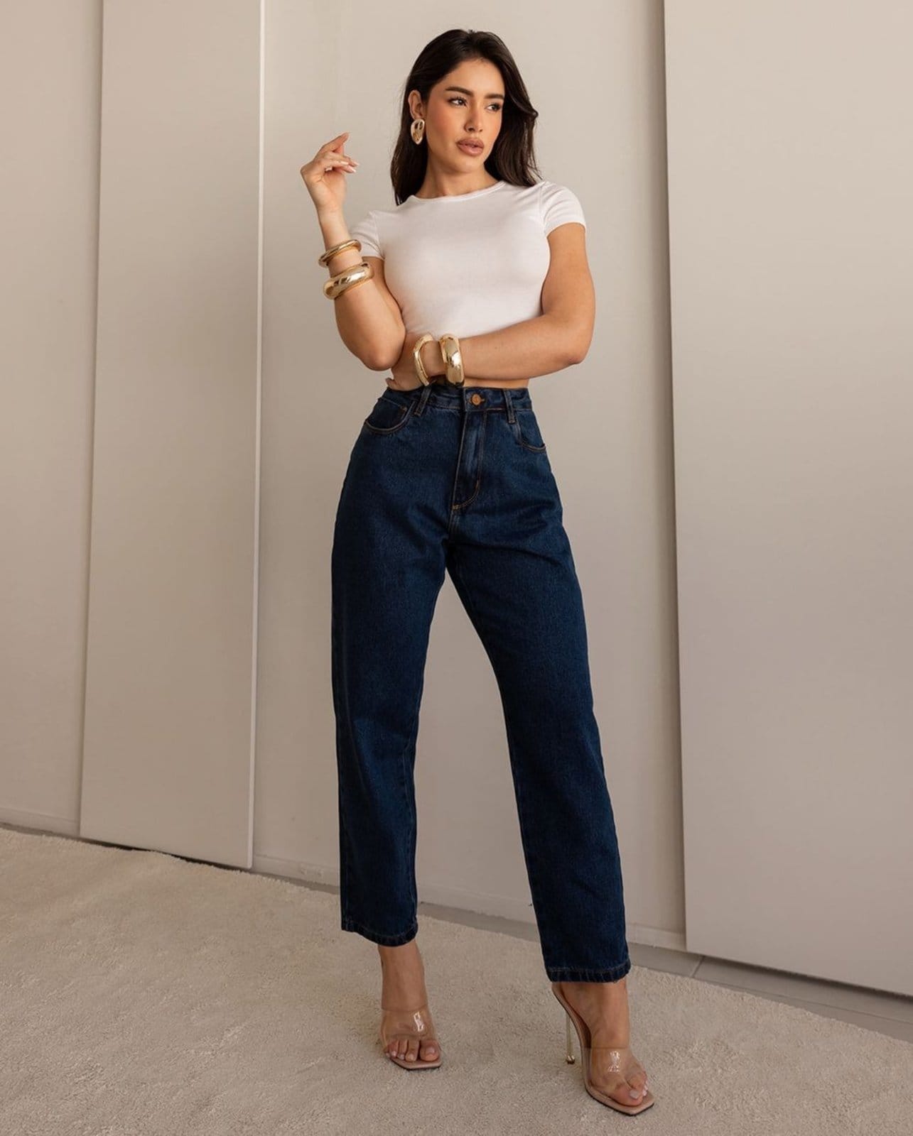 Calça Jeans Mom Feminina Cintura Alta Algodão 00101 Black Blue