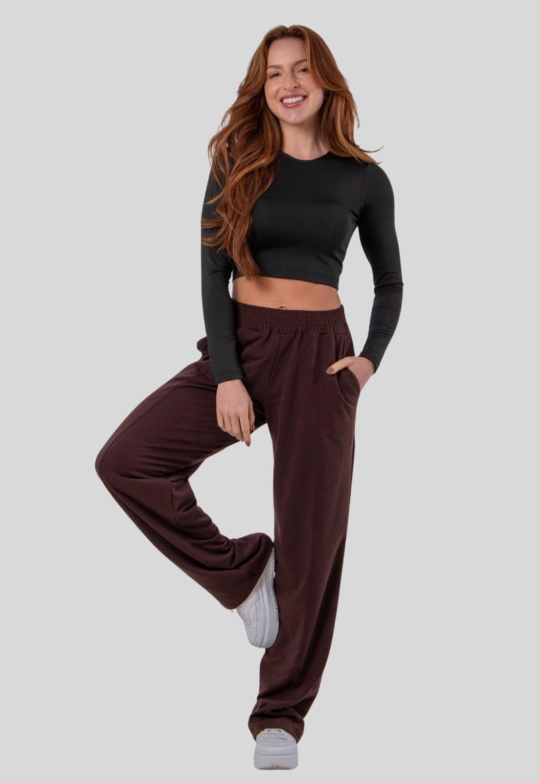 Calça Feminina Moletinho Com Bolso Wide Leg Confortável Casual