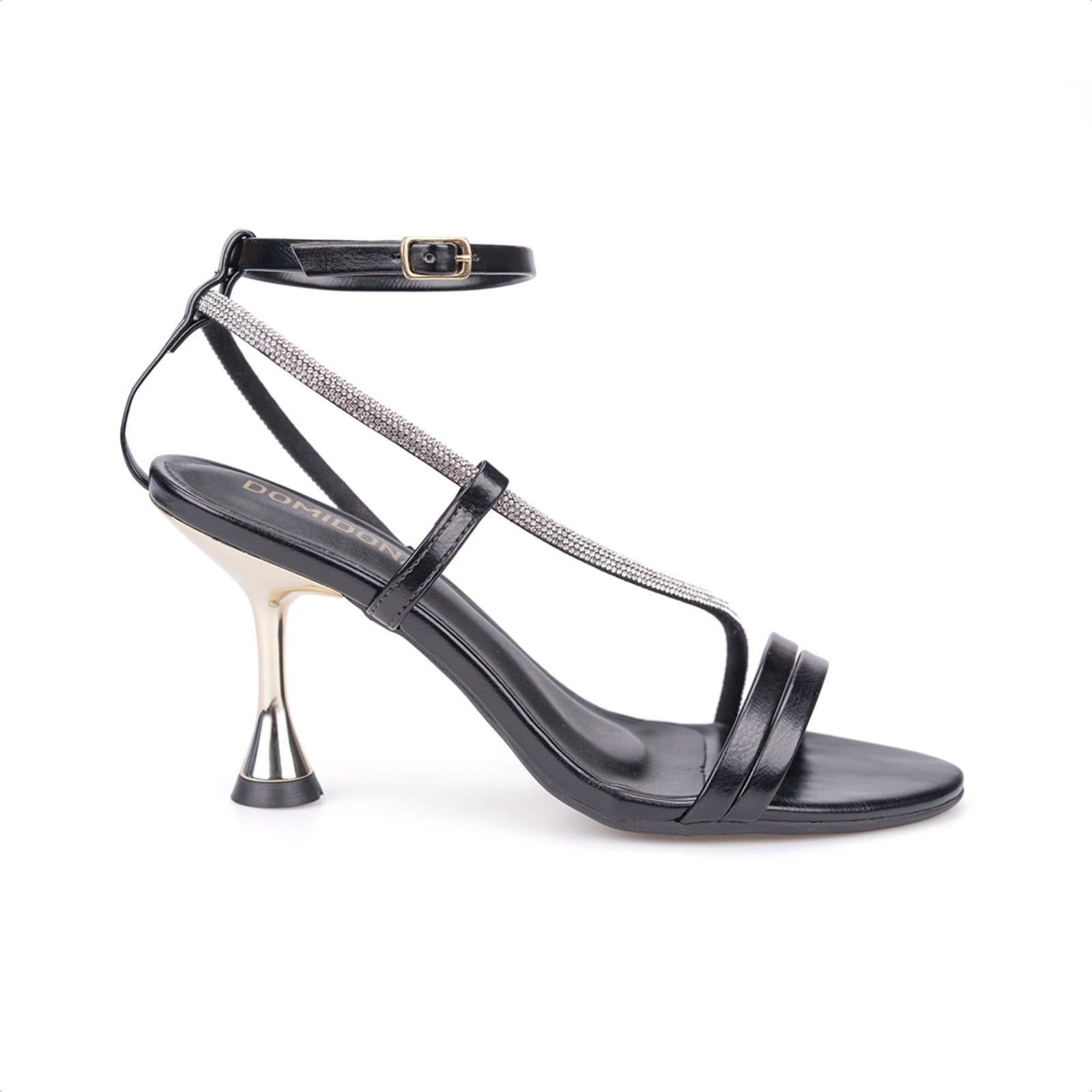 Vista 2 Sandália Feminina Salto Alto Taça Dourado Tira Fina Com Strass Domidona preto
