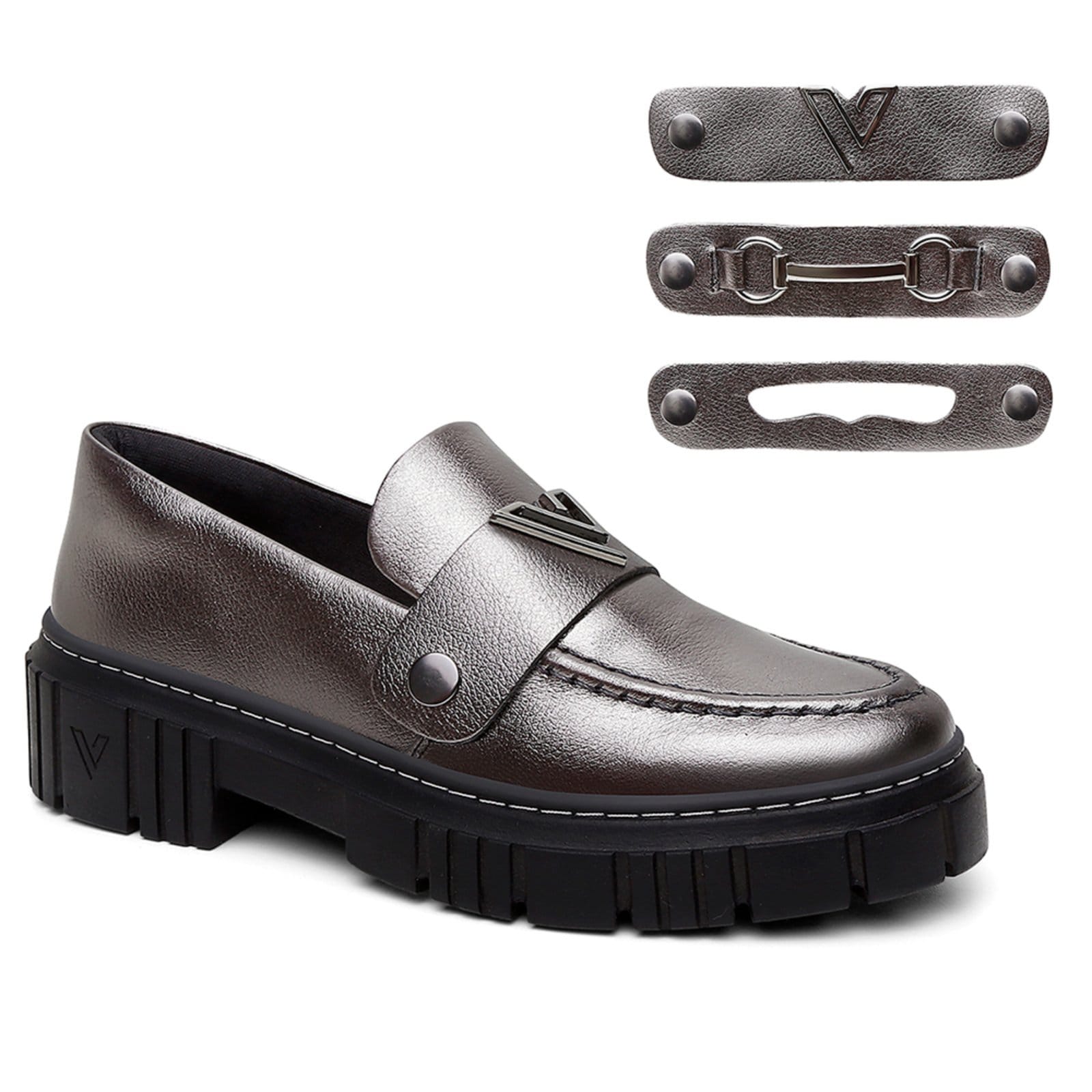 Vista principal Mocassim Feminino em Couro Vittal com Kit 3 Fivelas Removíveis Onix USE VITTAL prata velho