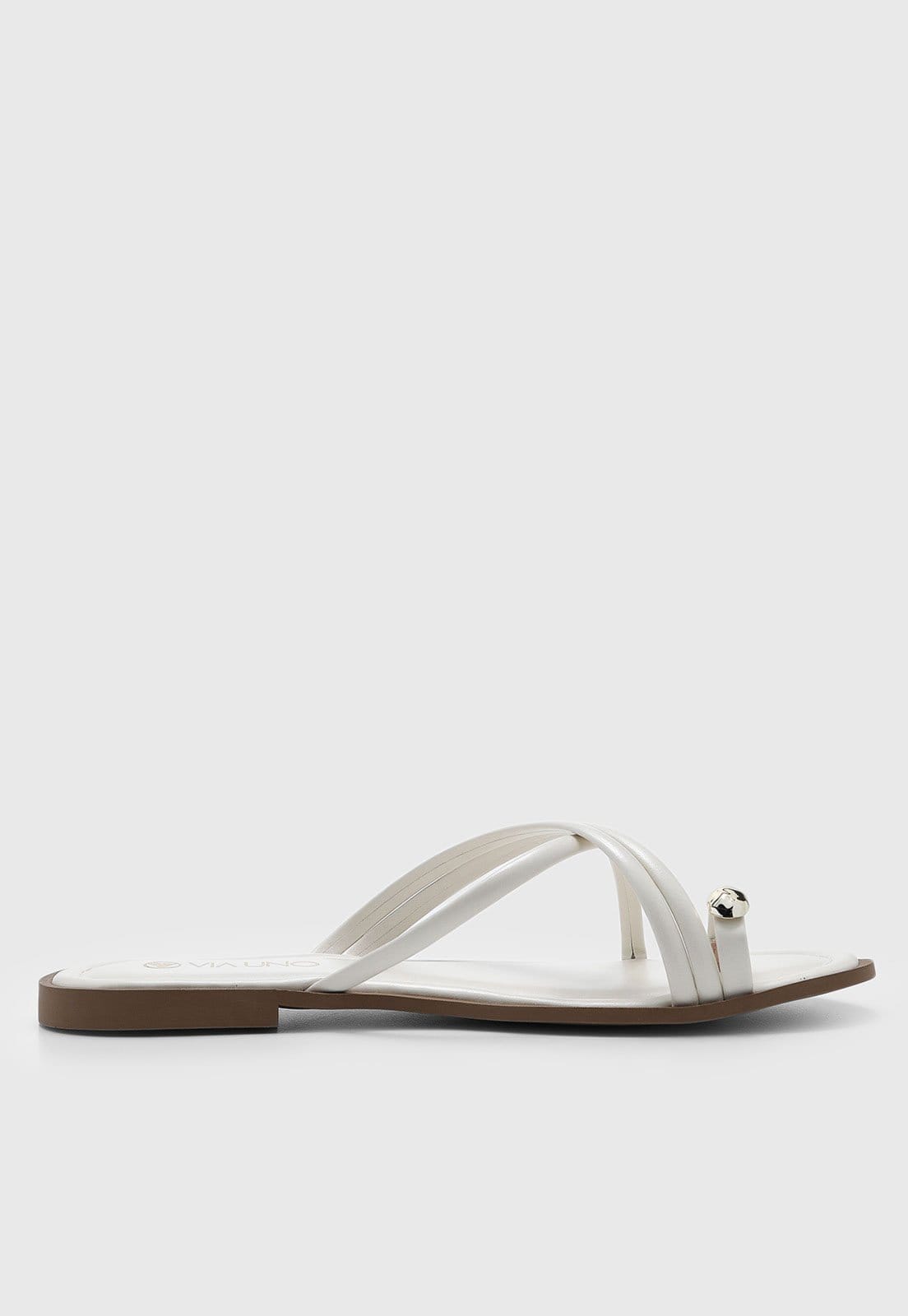 Vista 2 Rasteira Feminina VIA UNO Tiras Detalhe Metálico Branca VIA UNO branco