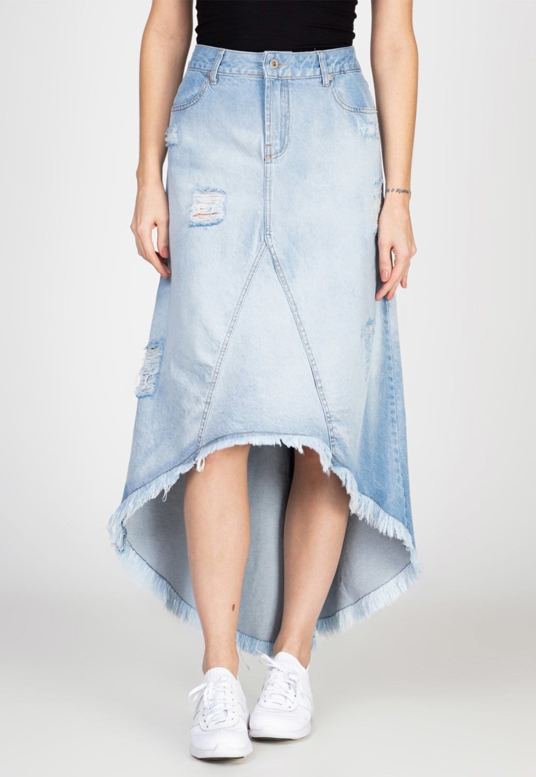 Saia Jeans Bloom Midi Assimétrica Destroyed