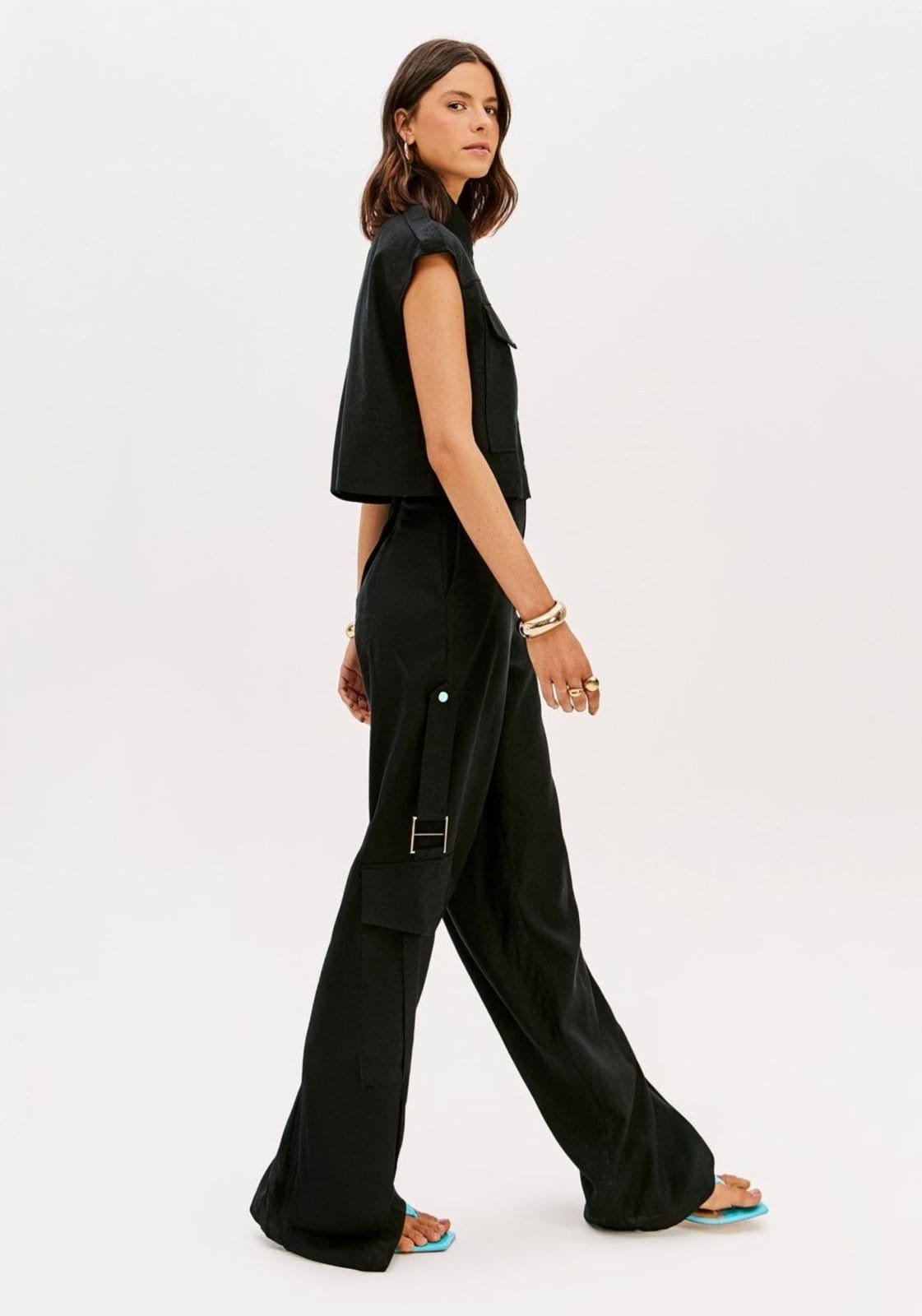 Calça Full Length Cintura Alta Com Linho