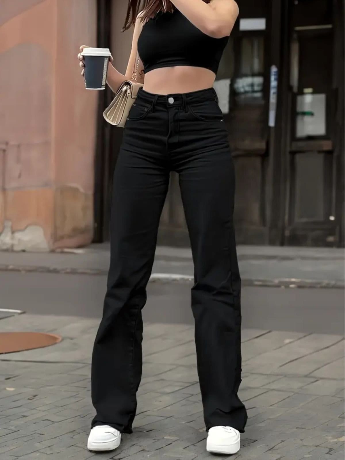 Calça Jeans Wide Leg Feminina Safira Moda Pantalona Preta