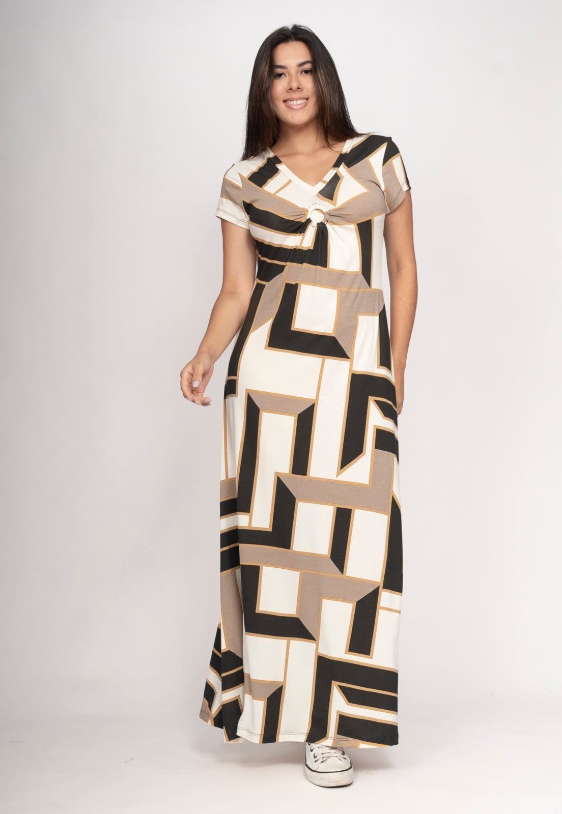 Vista 2 Vestido CabanaFree Coema Longo Malha Detalhe no Busto Estampa Igaci Cabanafree estampado