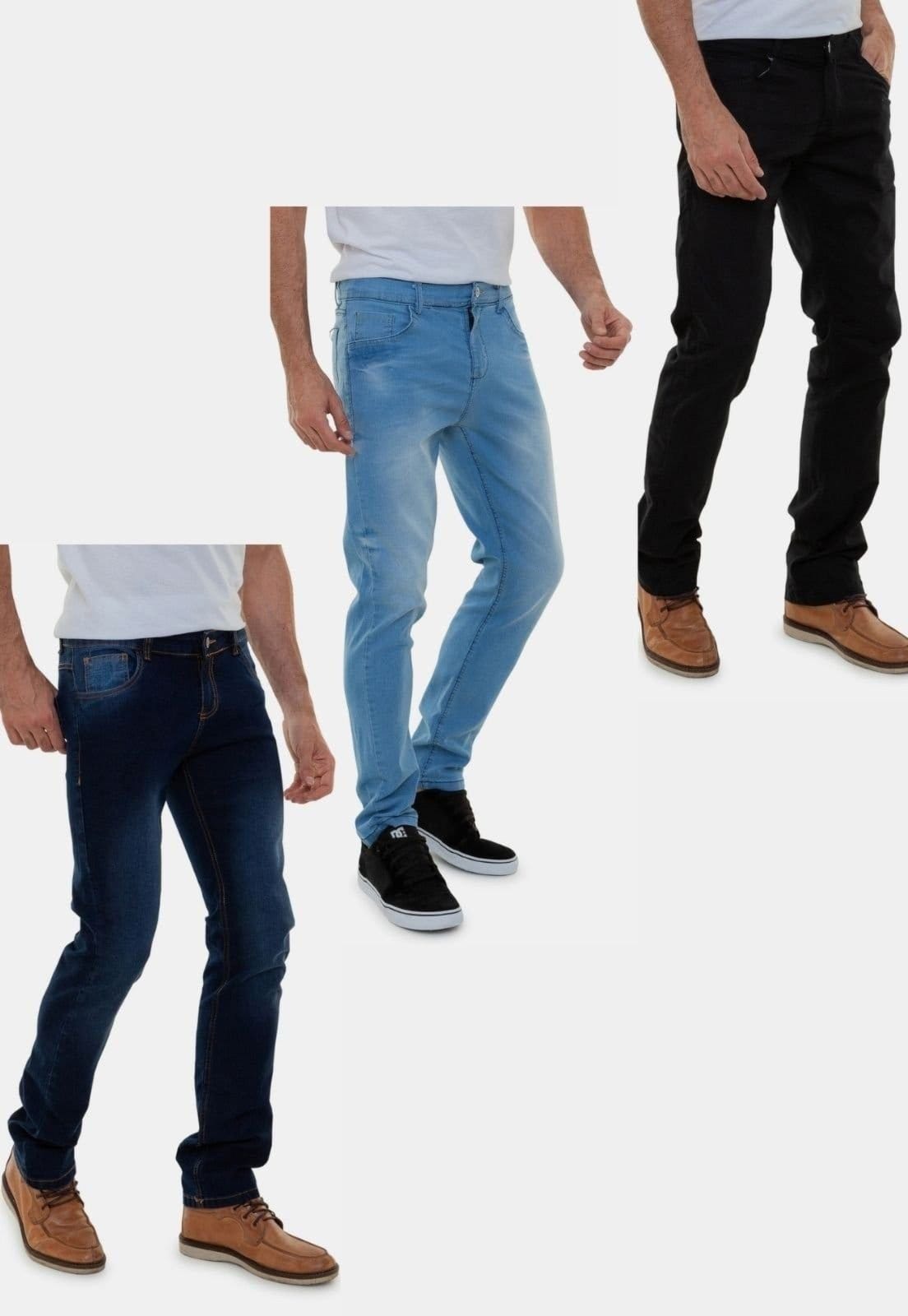Kit 3 Calças Jeans Masculina Lavagem Clara Lavagem Escura e Sarja Preta Premium Versatti Lima