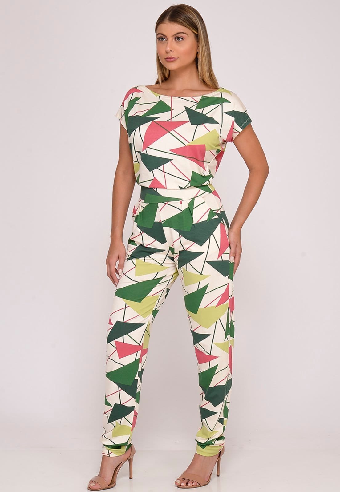 Vista 2 Macacão Longo C Decote Canoa B'Bonnie Mel Geo Verde B'Bonnie estampado verde