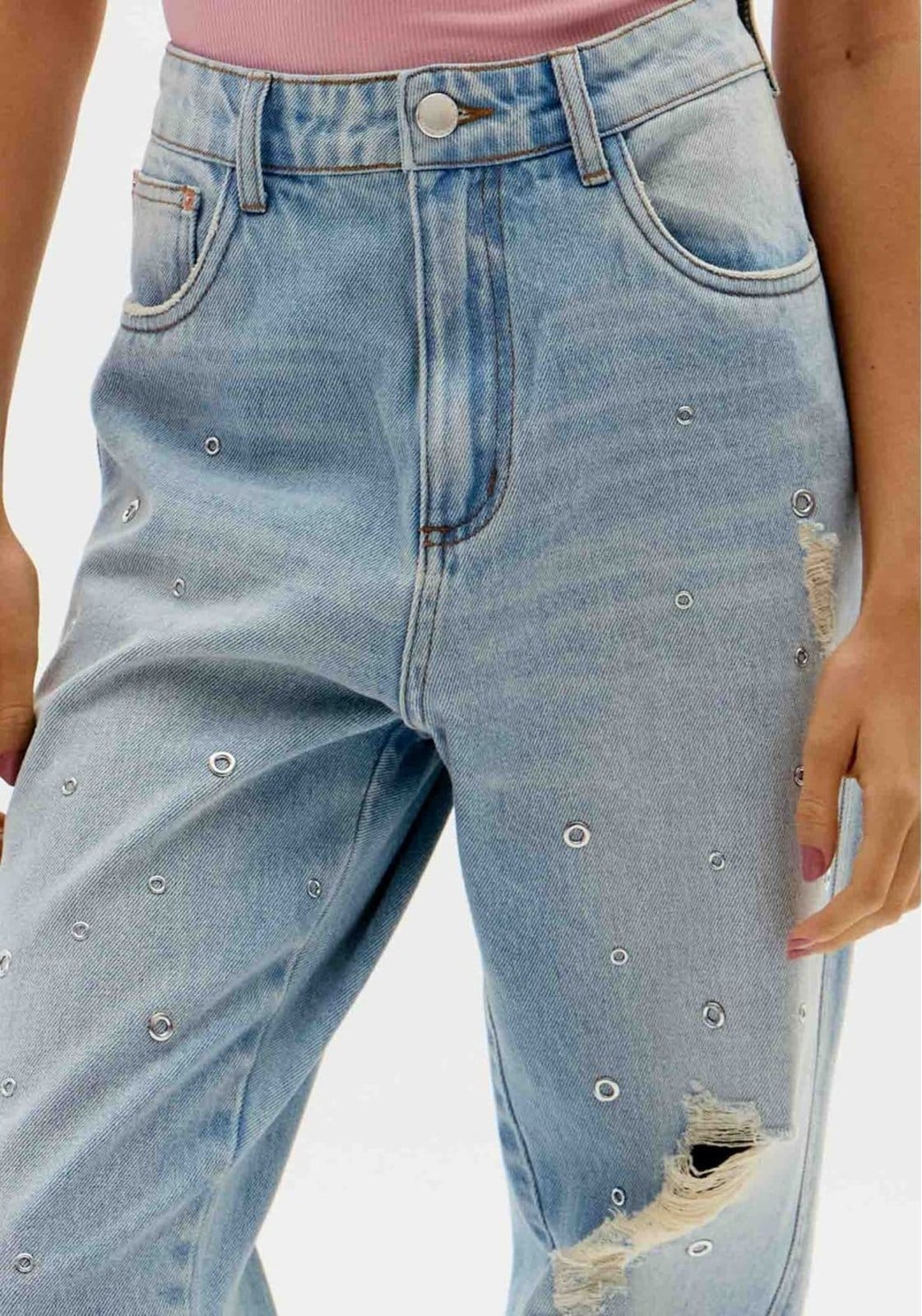 Vista 2 Calça Jeans Tapered Com Aplicações My Favorite Things azul