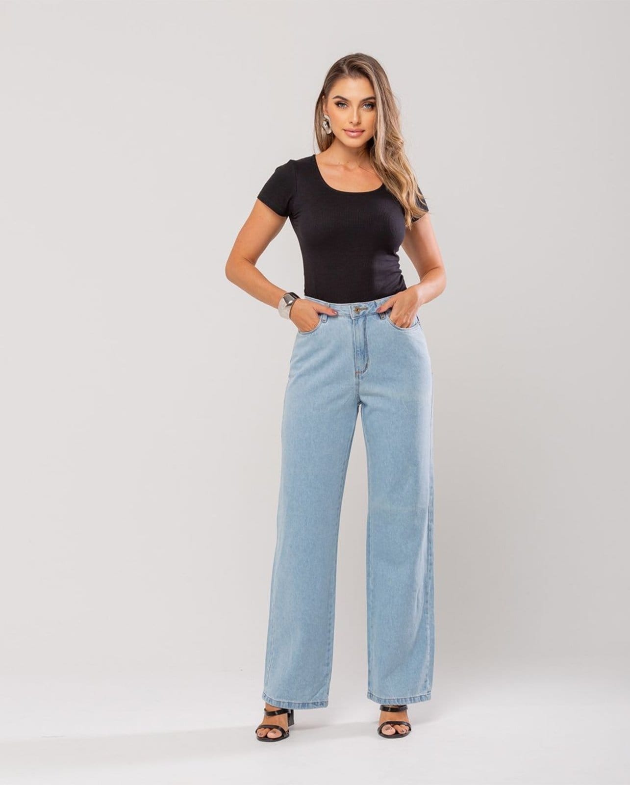 Vista 2 Calça Wide Leg Feminina Cintura Alta Básica Algodão 29000 Clara Consciência jeans