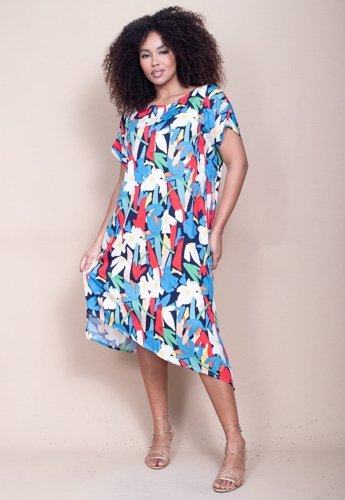 Vista 2 Vestido Cabanafree Midi Plano Estampa Floresce Cabanafree azul/estampado/vermelho