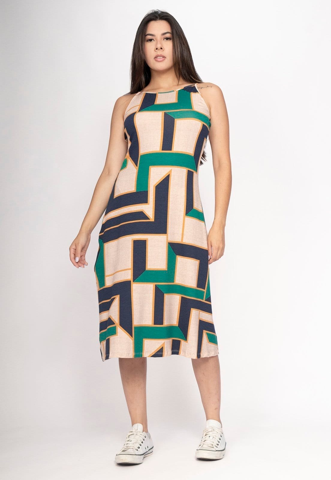 Vestido CabanaFree Aimara Curto Trapézio Malha Estampa Chapada de Areia