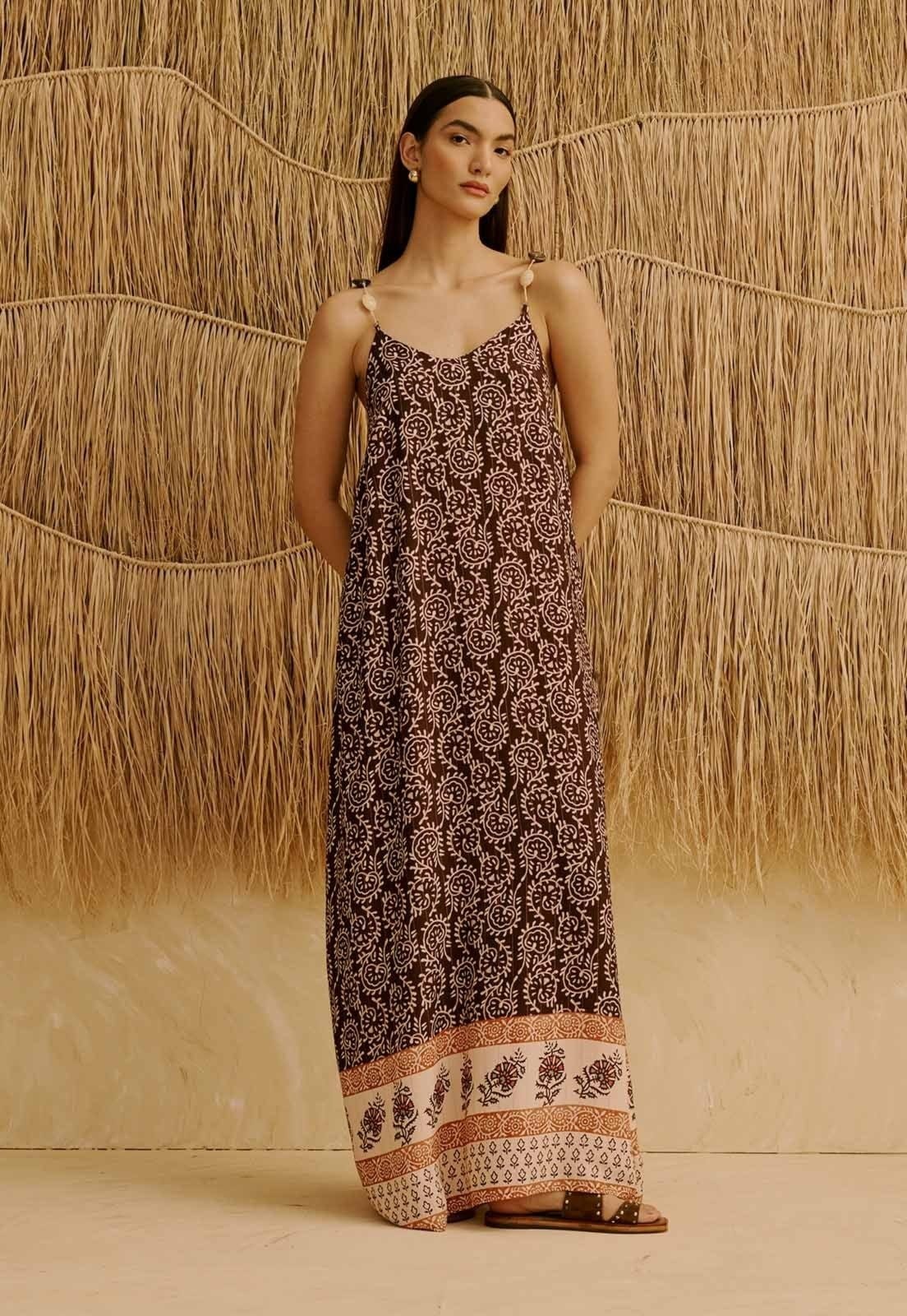 Vestido Longo Alça com Pedras Estampado Kala