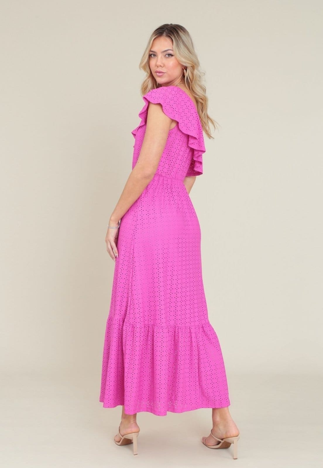 Vista 2 Vestido Midi Pop Me Em Malha Laise Ombro Só Fucsia Pop Me rosa fucsia
