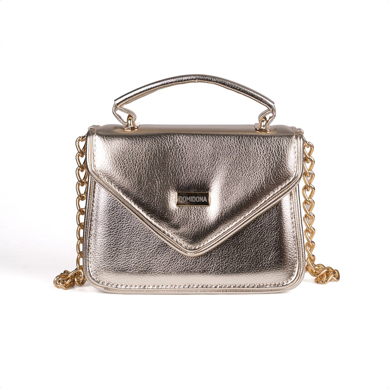 Bolsa Feminina Dourada Domidona Tiracolo Metalizada Corrente Alça Ajustável